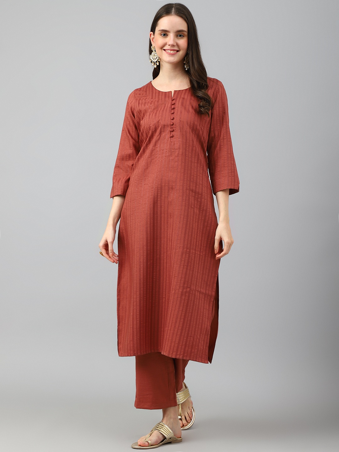 

Fourleaf Women Striped Regular Thread Work Kurta with Trousers, Rust