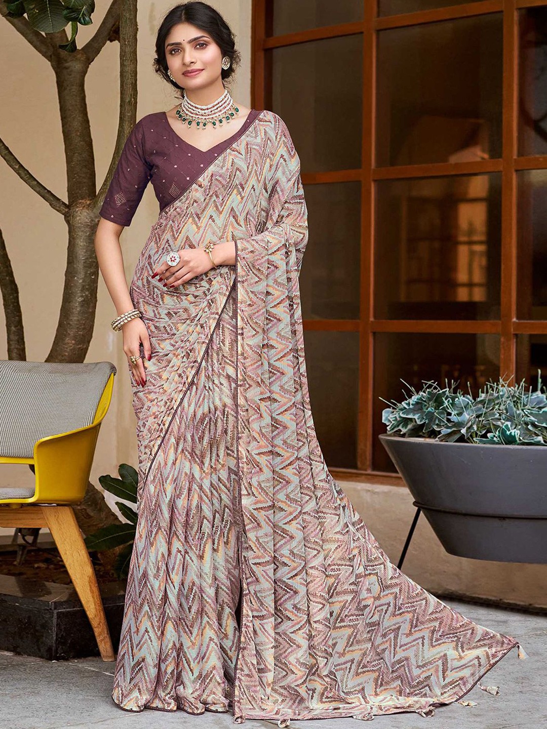 

Peachmode Sequinned Pure Chiffon Saree, Beige