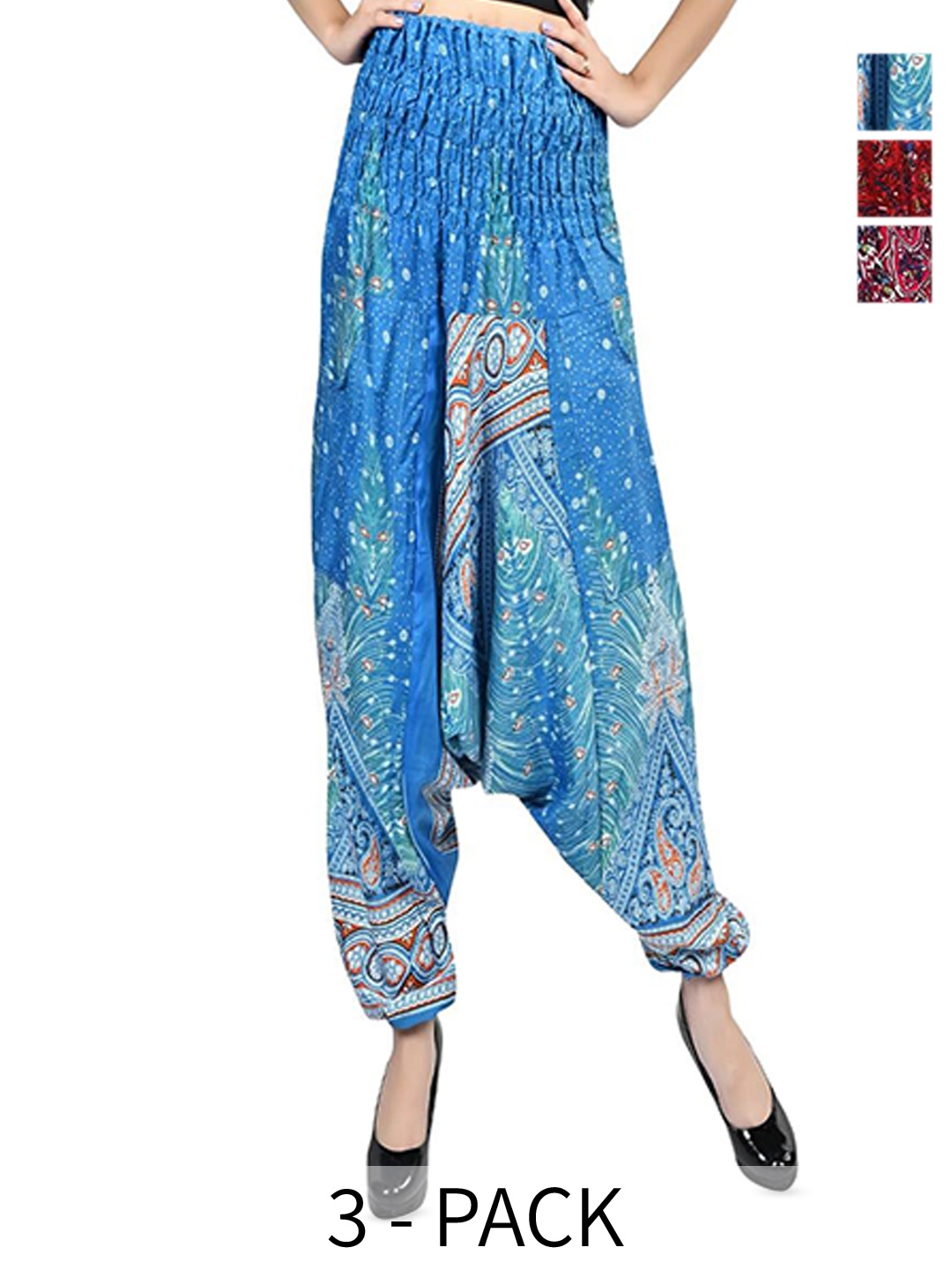 

NarNari Women Pack Of 3 Printed Mid-Rise Harem Pants, Red