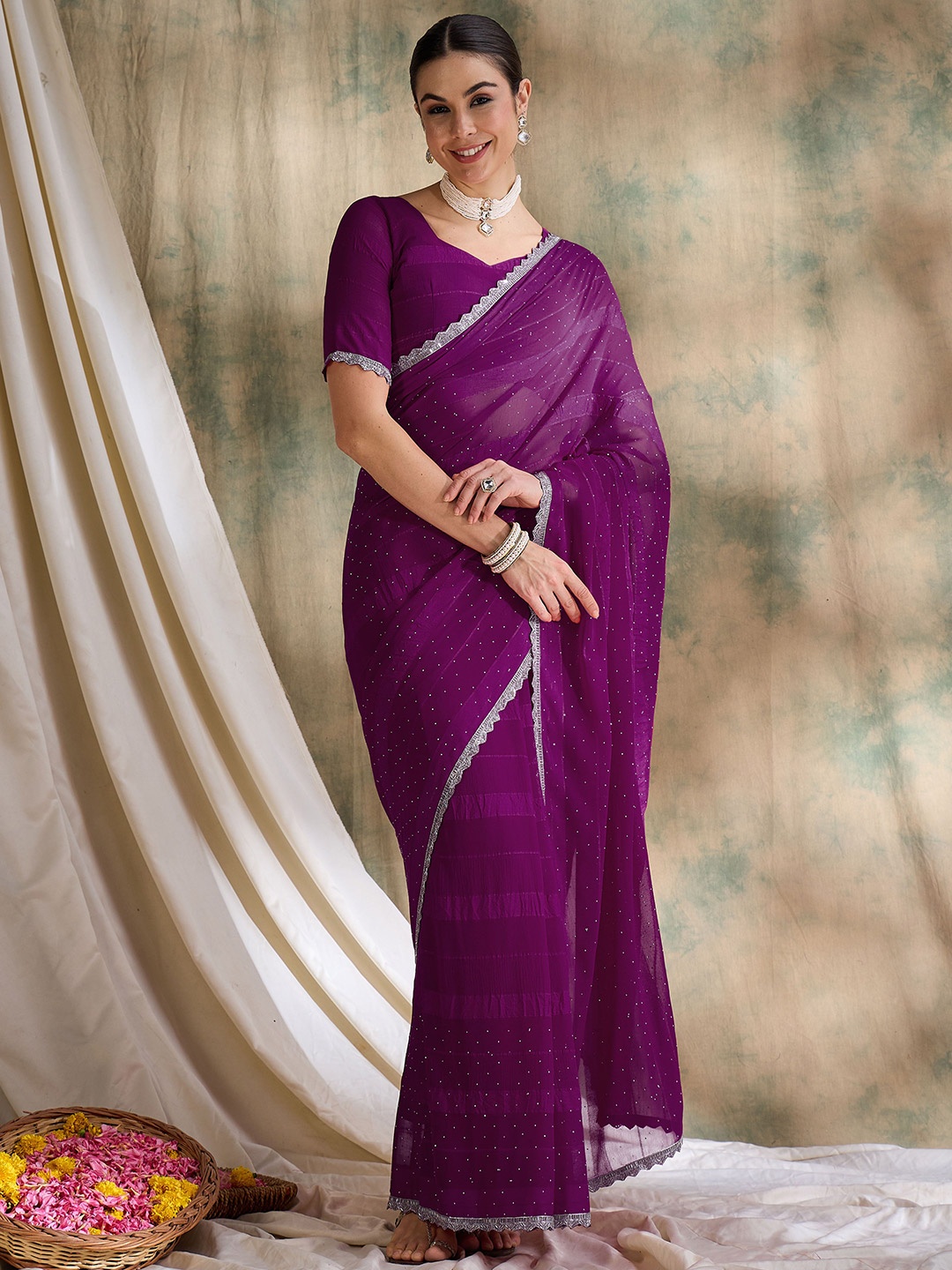 

DEVATITHI Beads and Stones Silk Blend Saree, Purple