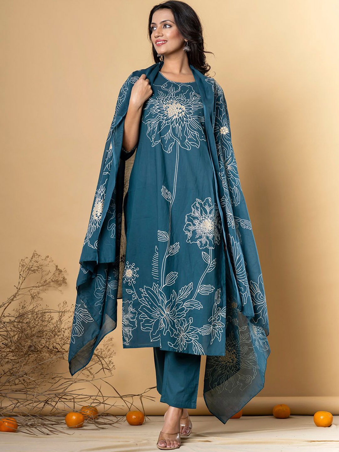 

Readiprint Floral Printed Thread Work Pure Cotton Kurta With Trousers And Dupatta, Teal