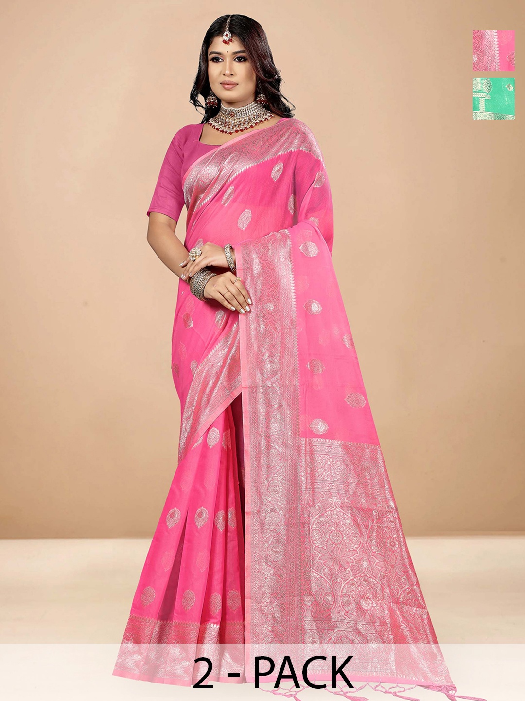 

Anouk Rustic Woven Design Zari Chanderi Saree, Pink