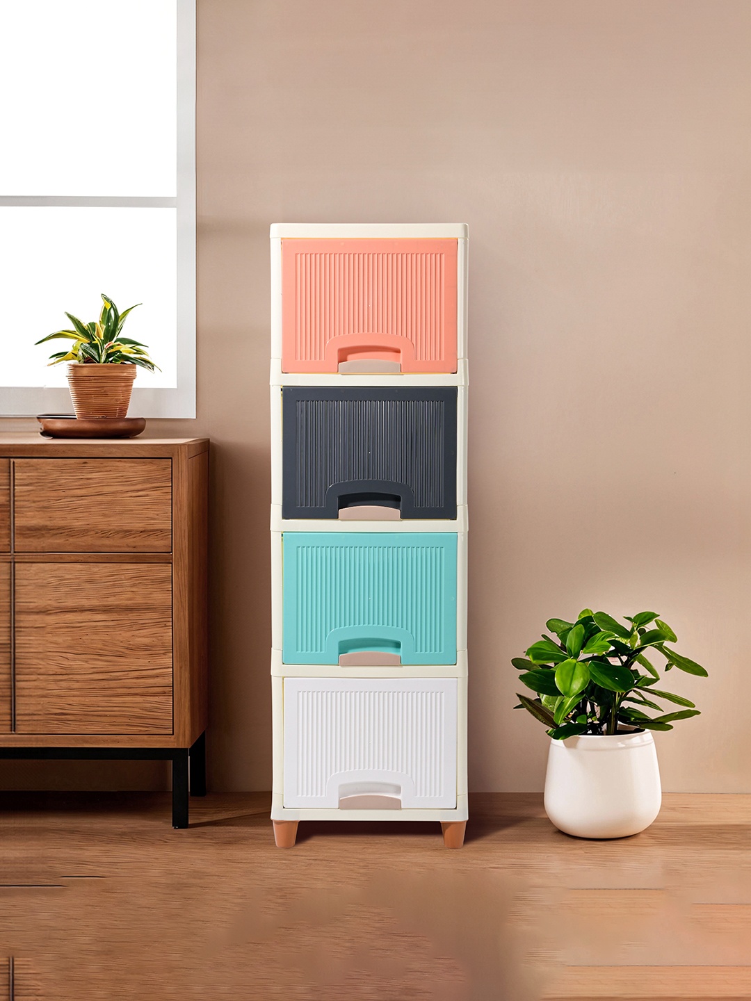 

Kuber Industries Peach-Coloured & Grey 4 Units Foldable Cupboard Storage Organizer