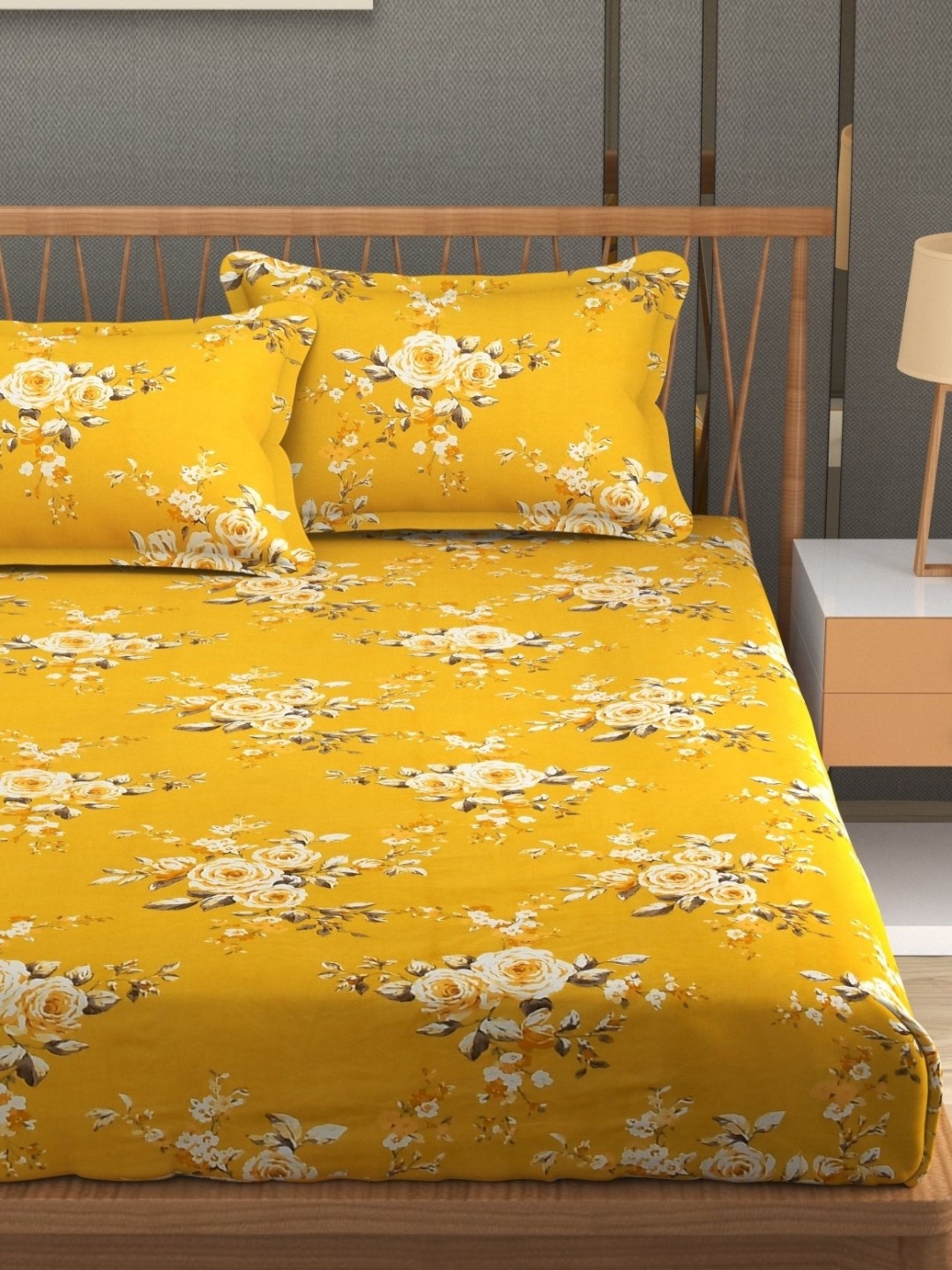 

MAFATLAL Yellow Floral 160 TC Queen Bedsheet with 2 Pillow Covers