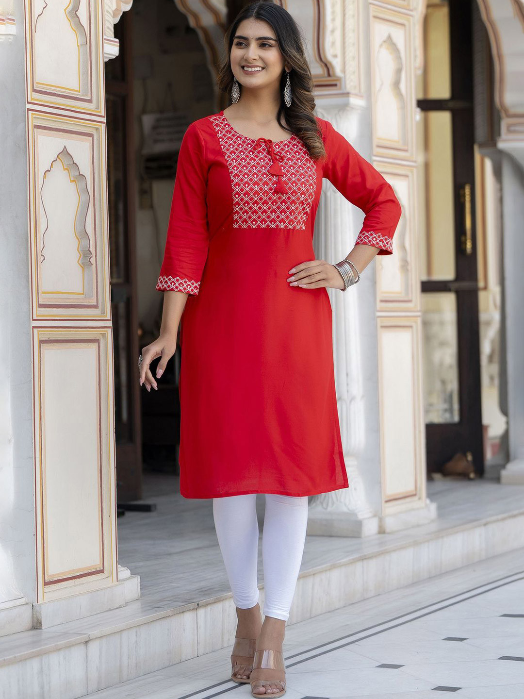 

ANNAYEMA APPARELS Embroidered Sequinned Sequinned Kurti, Red