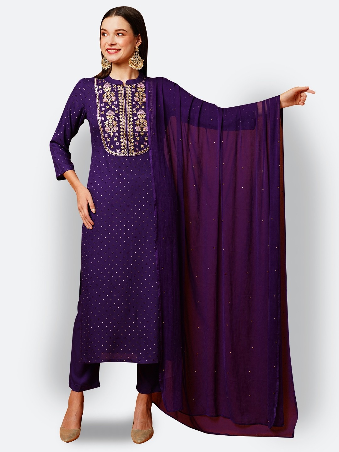 

DIVASTRI Floral Embroidered Mandarin Collar Straight Kurta With Trouser & Dupatta, Purple