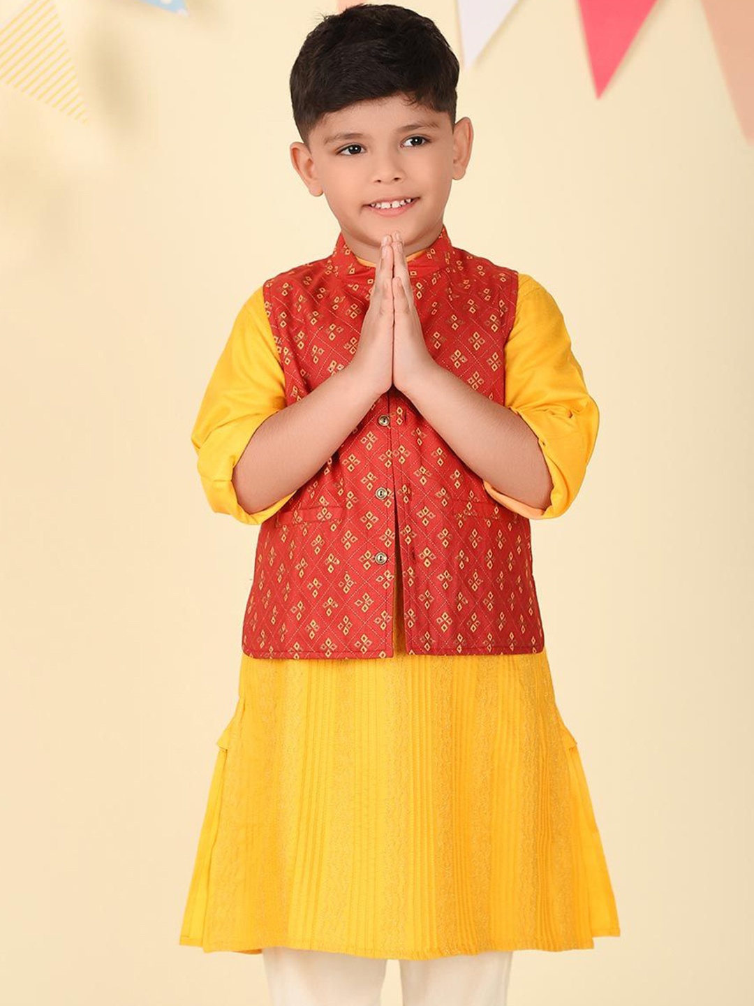 

Fabindia Boys Hand Block Printed Nehru Jacket, Red