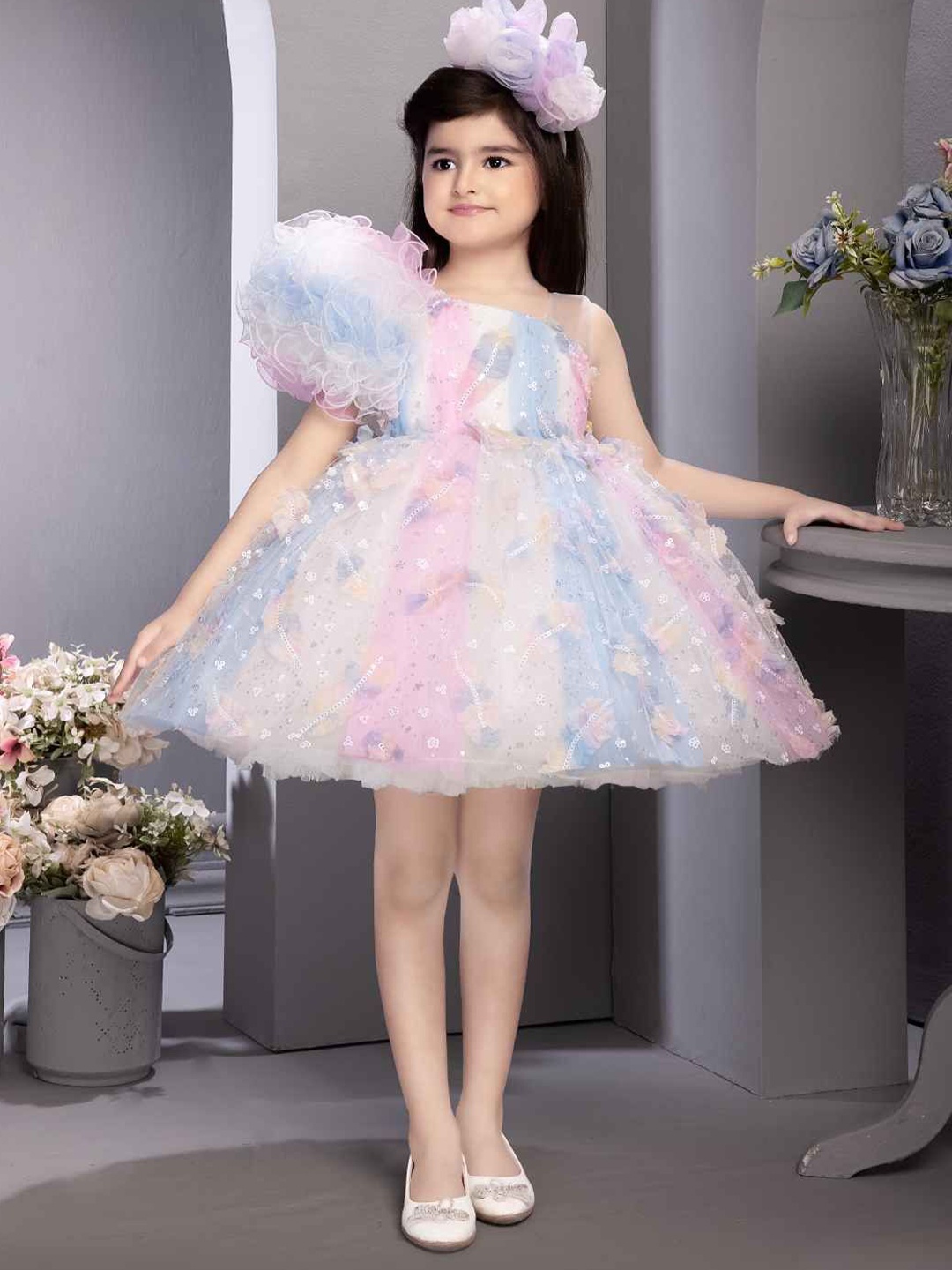 

Lagorii Girls Ruffled Asymmetric Sleeves And Sequin Frock - Multicolor, Blue