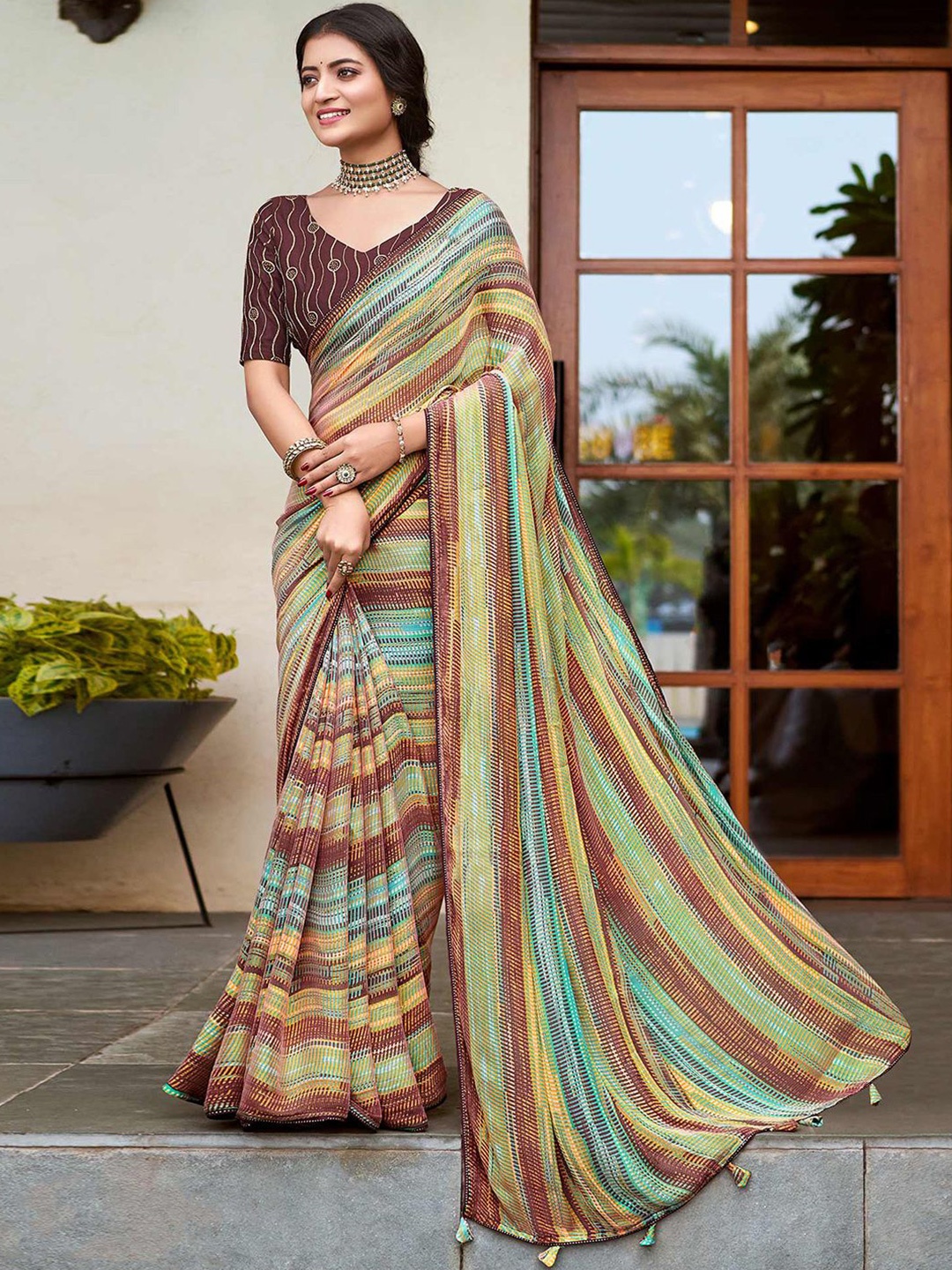 

Peachmode Striped Gotta Patti Pure Chiffon Saree and Unstitched Blouse Piece, Brown