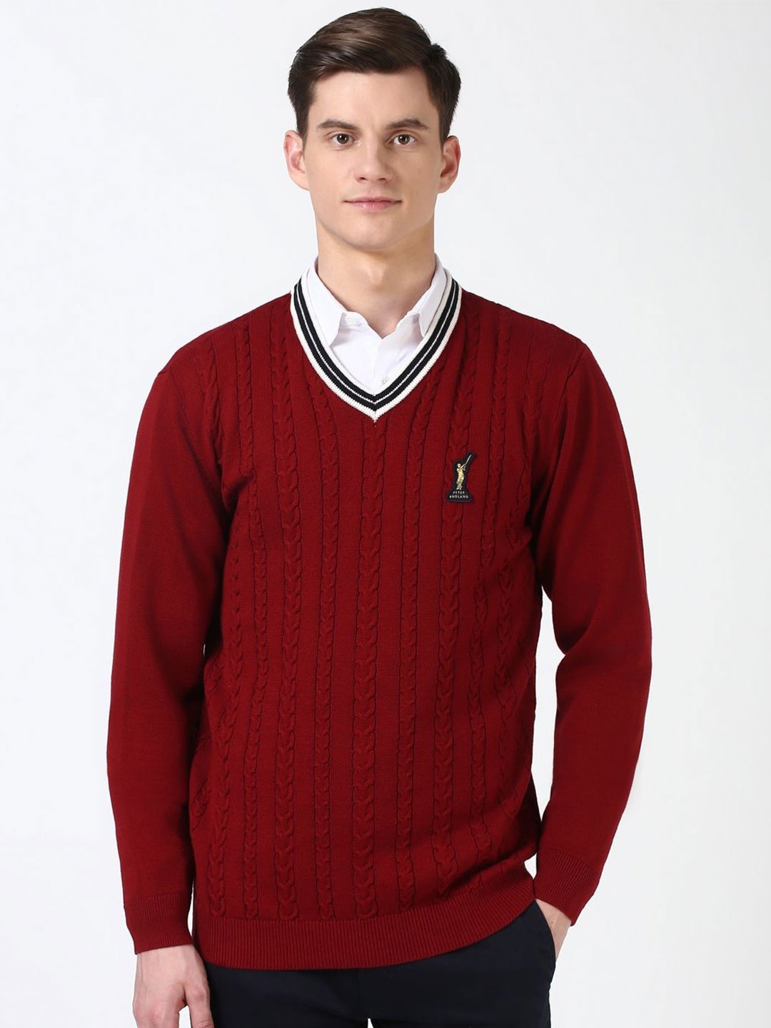 

Peter England Casuals Men Cable Knit Pullover, Red