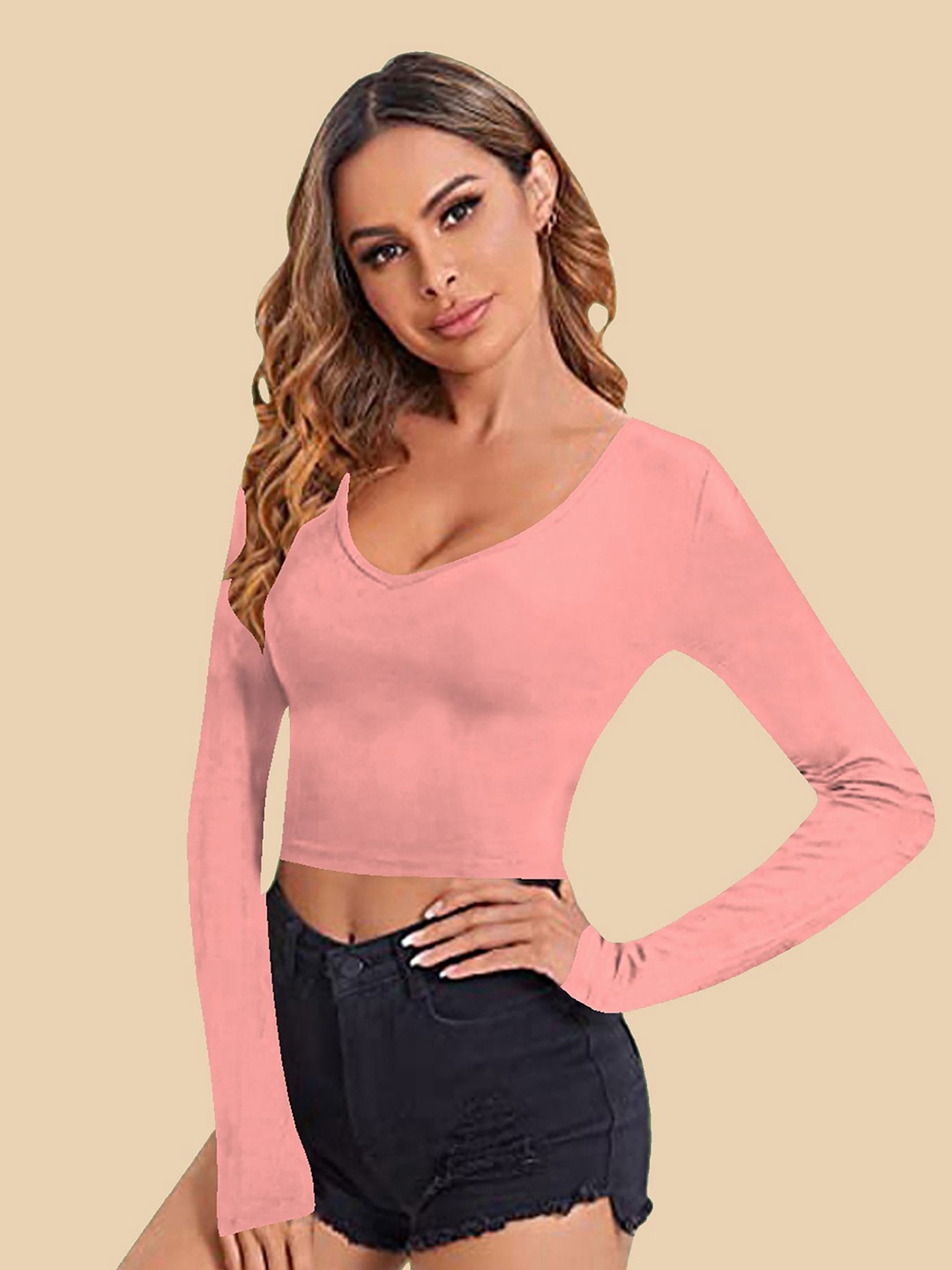 

Dream Beauty Fashion Women V-Neck Fitted Crop Top, Peach