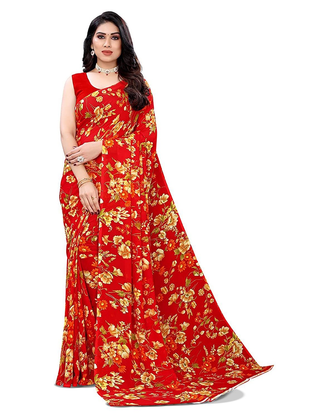 

HERE&NOW Floral Poly Georgette Saree, Red