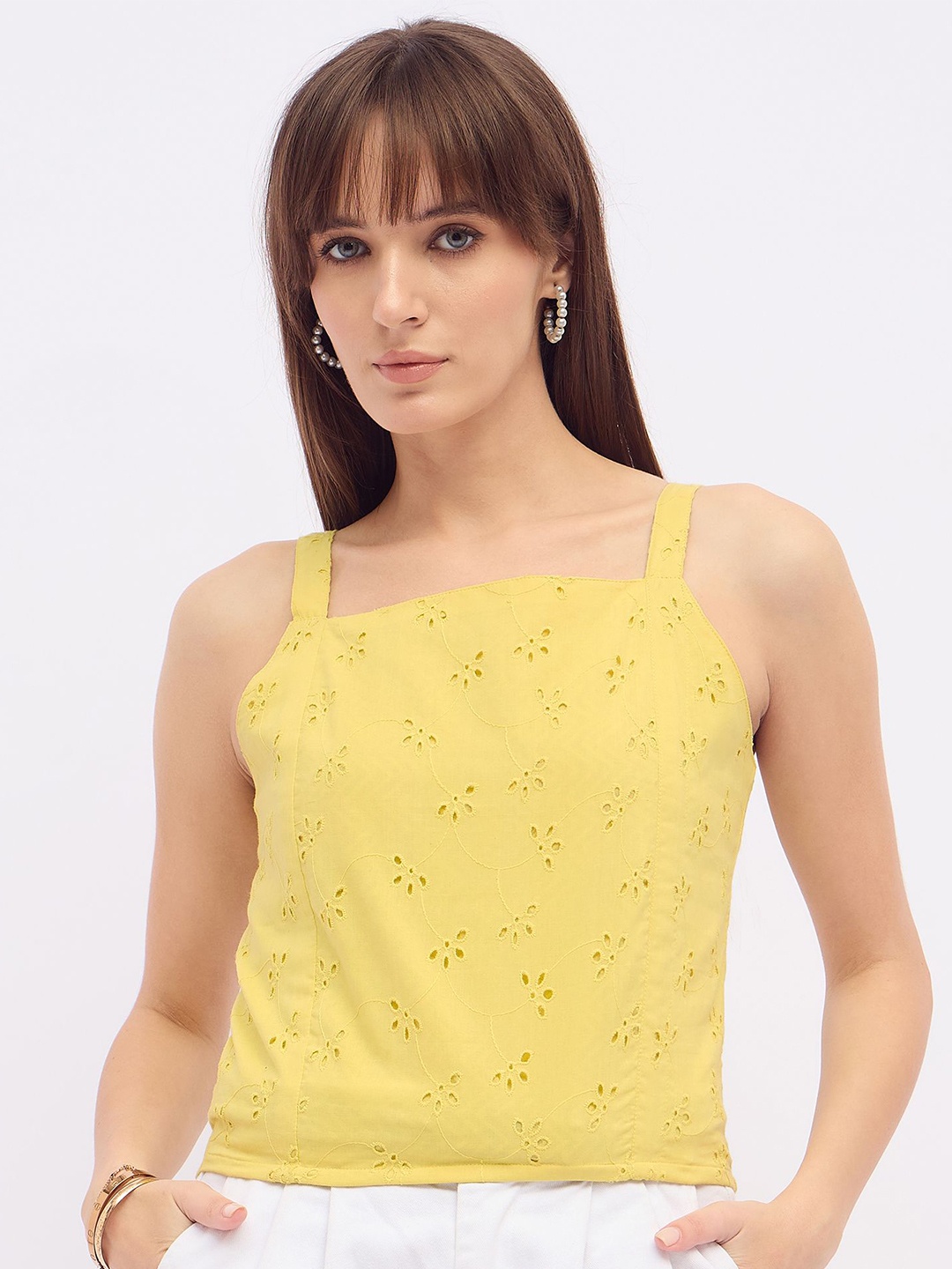 

DressBerry Cotton Schiffli Tank Crop Top, Yellow