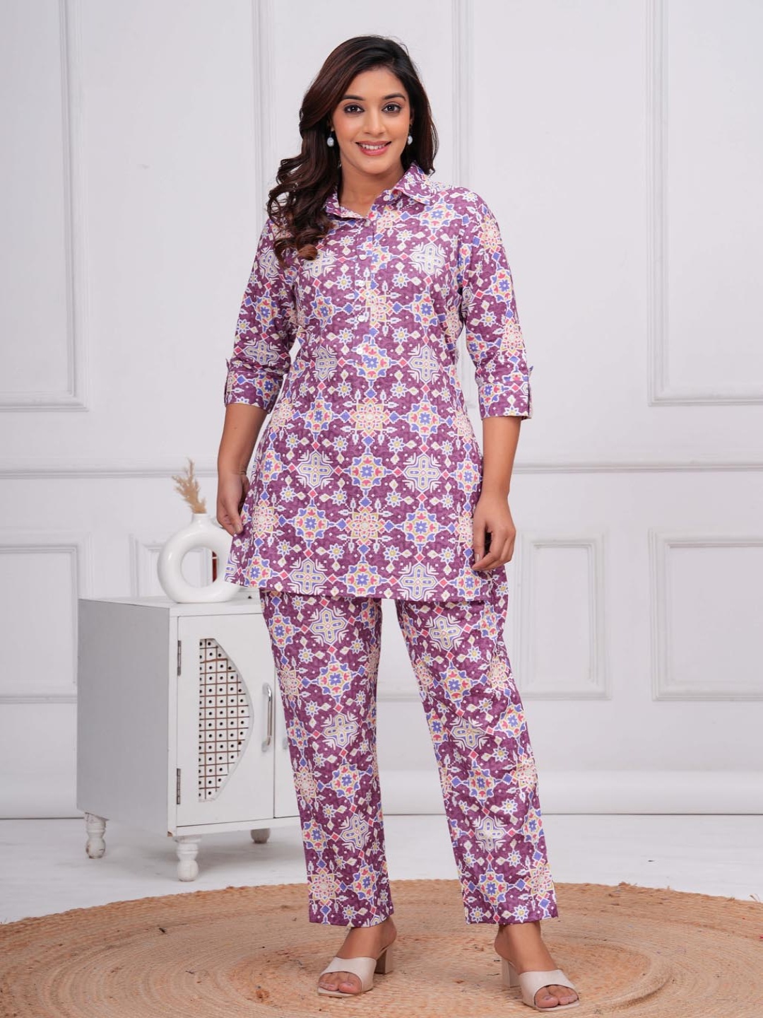 

mad fury Ethnic Motifs Printed Pure Cotton Tunic With Trousers, Purple