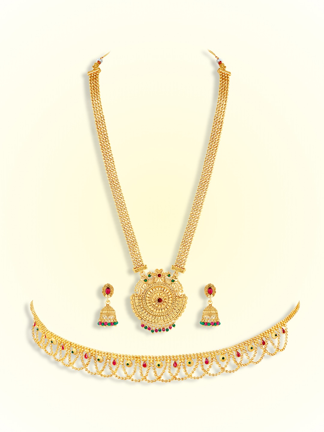 

Peora Gold Plated Stones Studded & Beaded Jewellery Set With Waist Belt