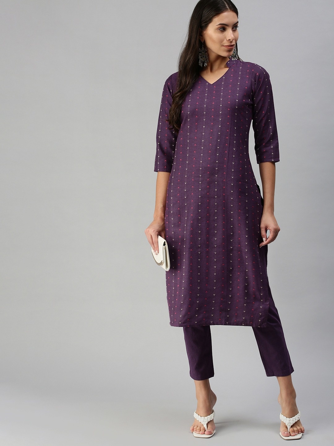 

Fourleaf Women Striped Regular Thread Work Kurta with Trousers, Violet