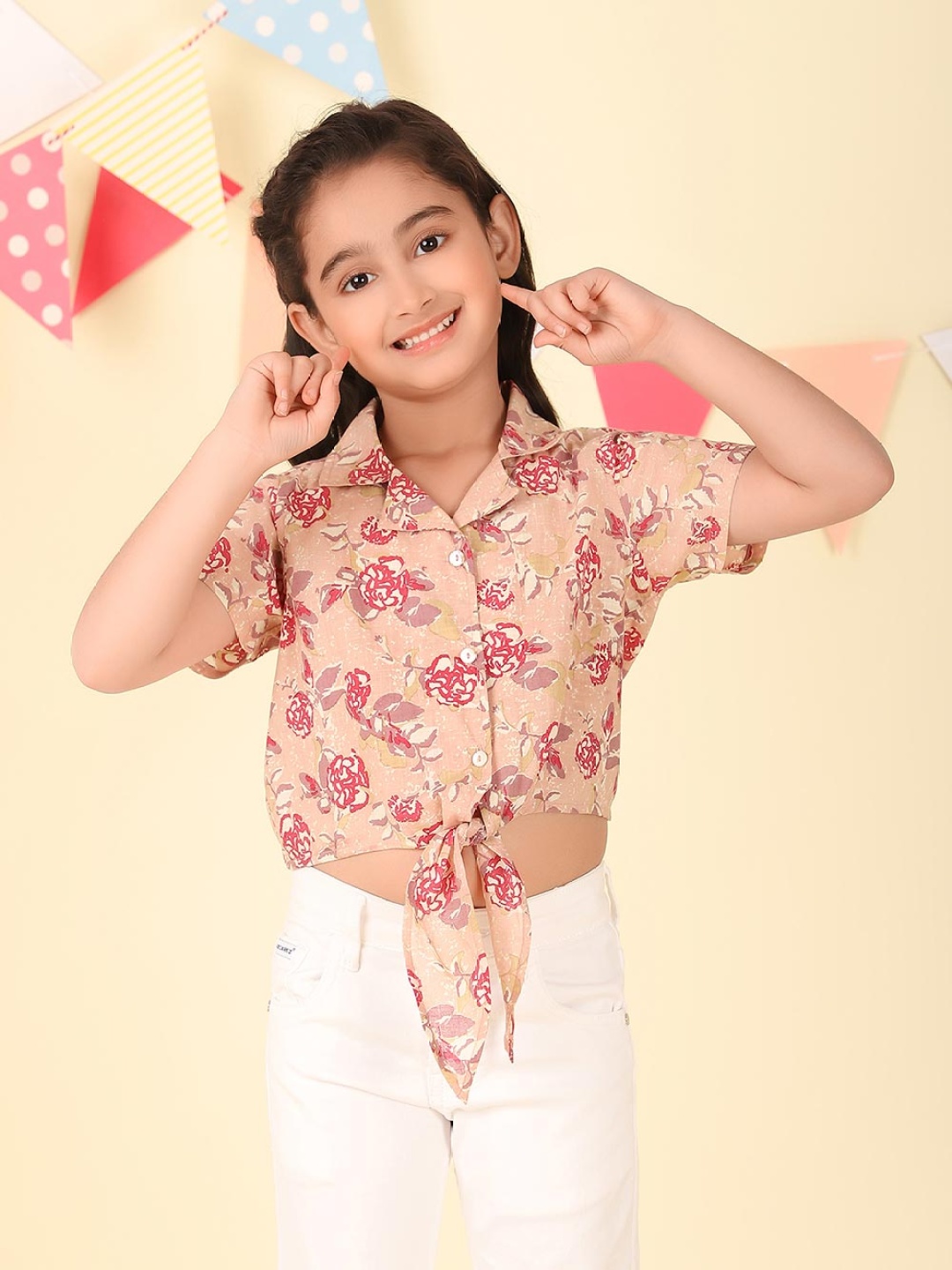 

Fabindia Girls Floral Printed Cotton Shirt Style Top, Beige