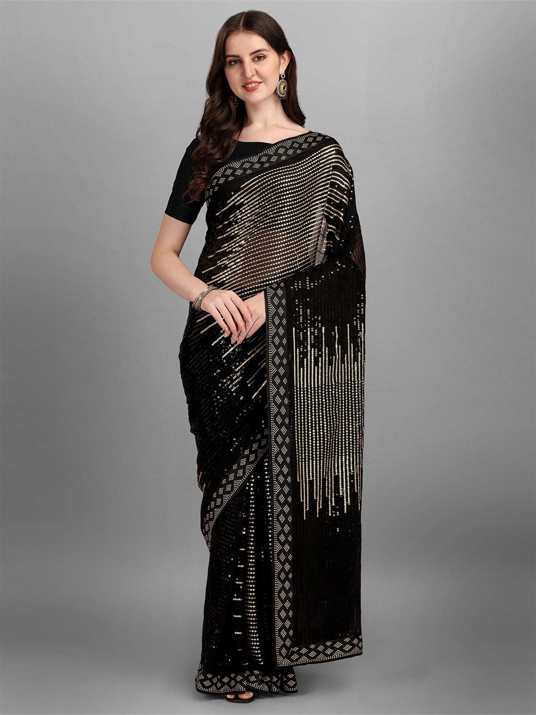 

Moda Rapido Embellished Sequinned Pure Georgette Saree, Black