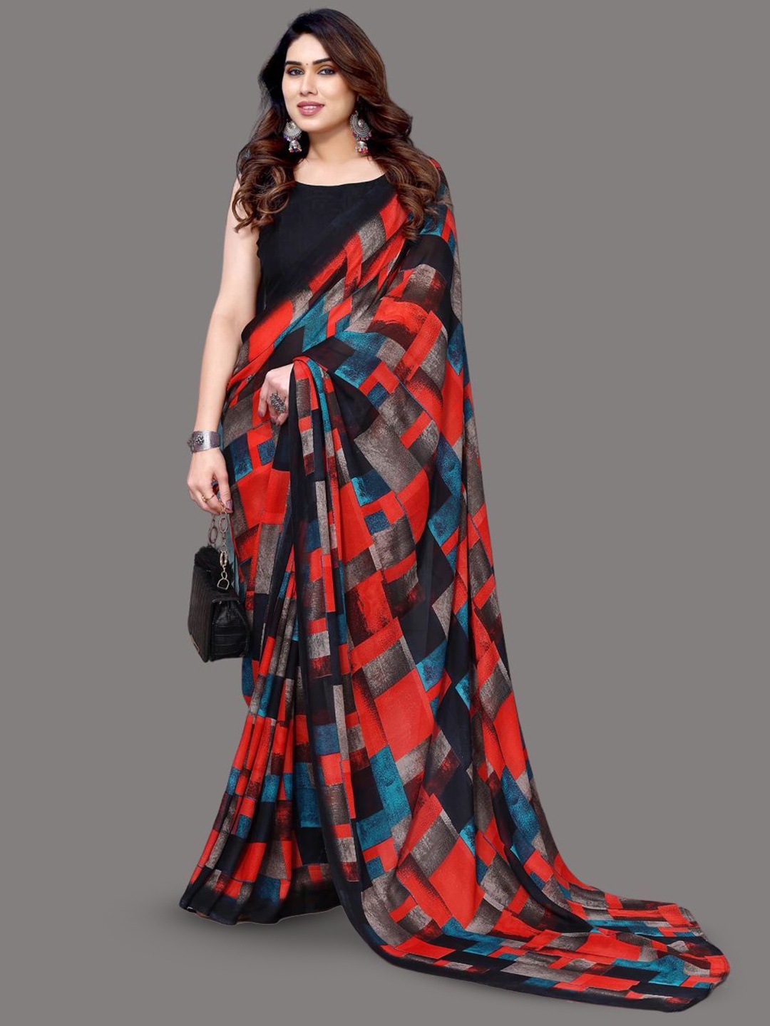 

HERE&NOW Poly Georgette Saree, Navy blue