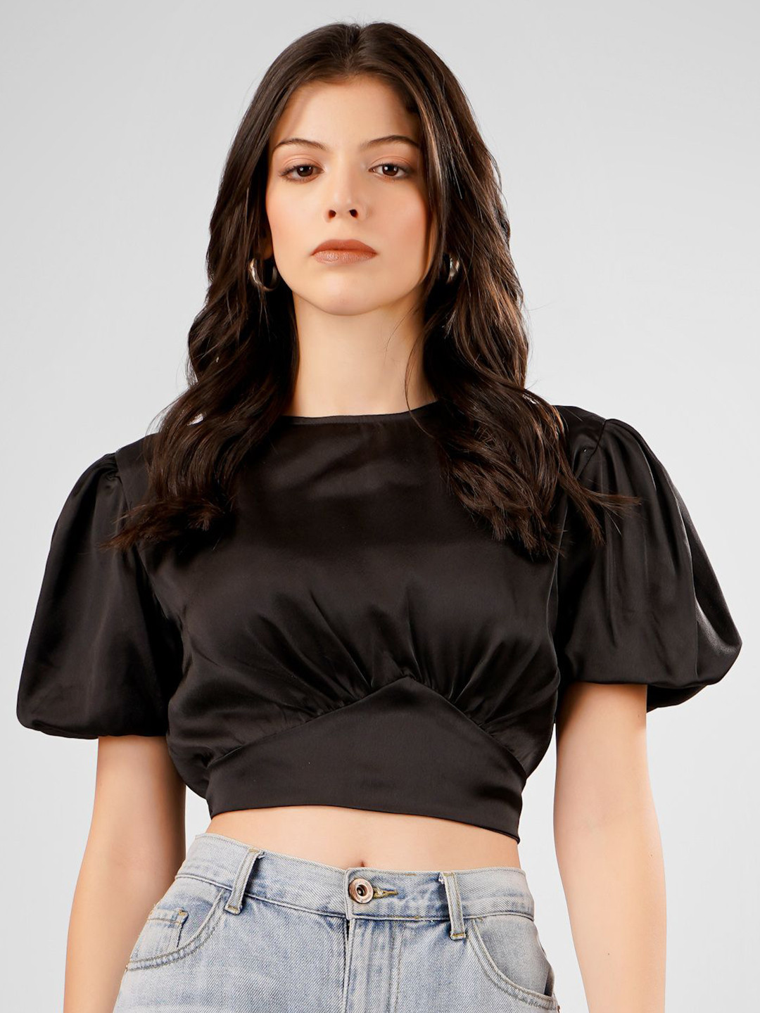 

Sukshat Puff Sleeve Satin Styled Back Crop Top, Black