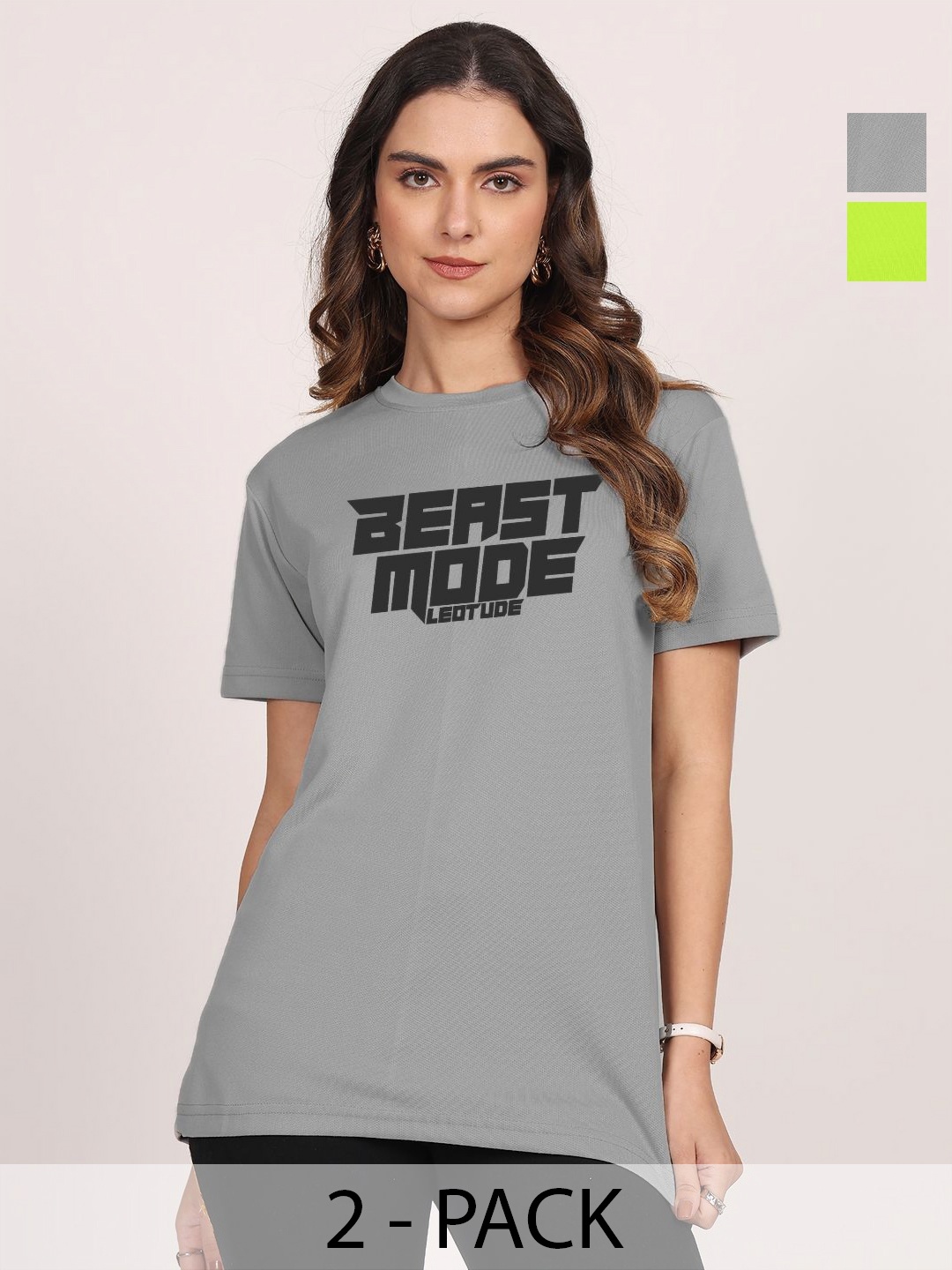 

Leotude Women Pack Of 2 Typography Printed Round Neck Cotton T-shirts, Multi
