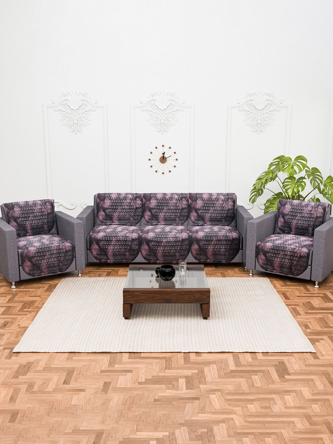 

Kuber Industries Brown & Pink 10 Pieces Self Design Cotton 5 Seater Sofa Covers