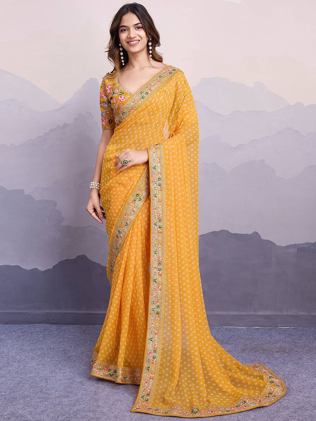 

Peachmode Bandhani Printed Embroidered Pure Georgette Saree, Yellow