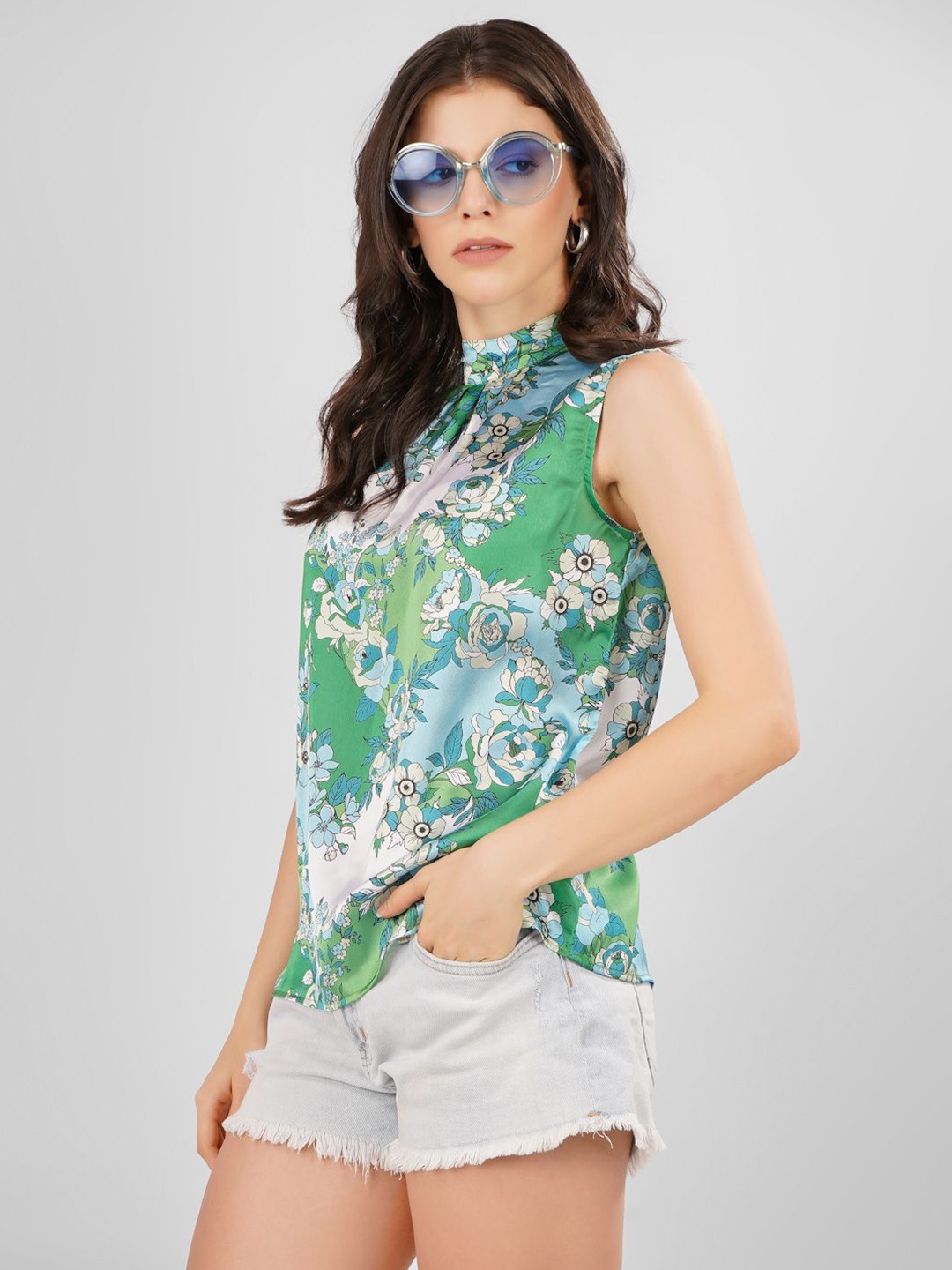 

Sukshat Floral Print Keyhole Neck Satin Top, Green