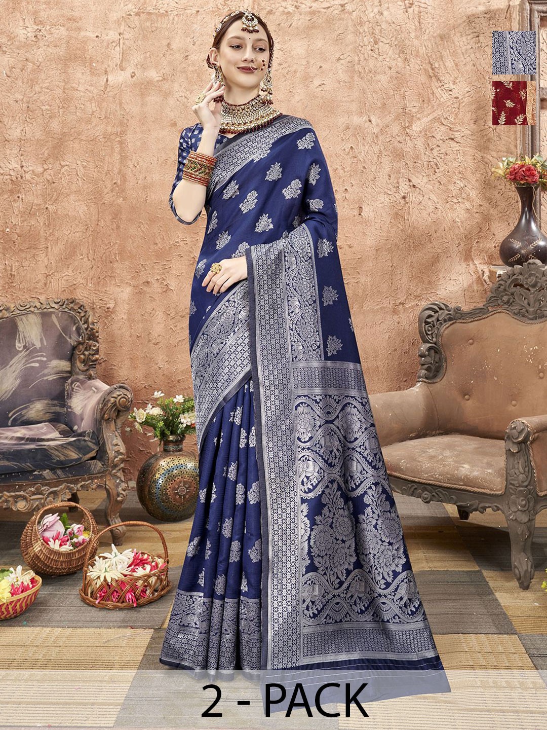 

Anouk Rustic Pack of 2 Woven Design Zari Banarasi Saree, Blue