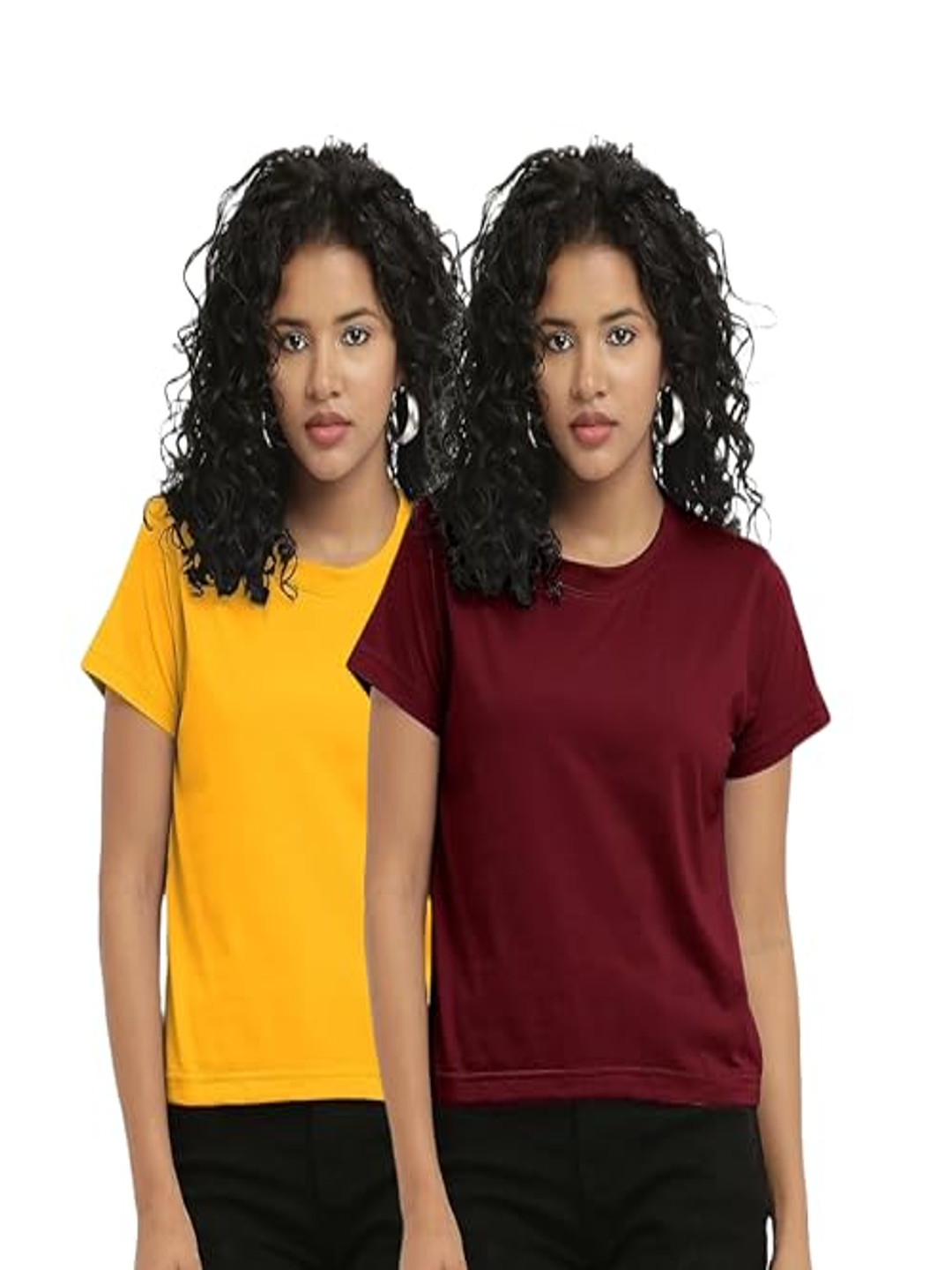 

NOTWILD Women Pack Of 2 Solid Round Neck Cotton T-shirts, Mustard