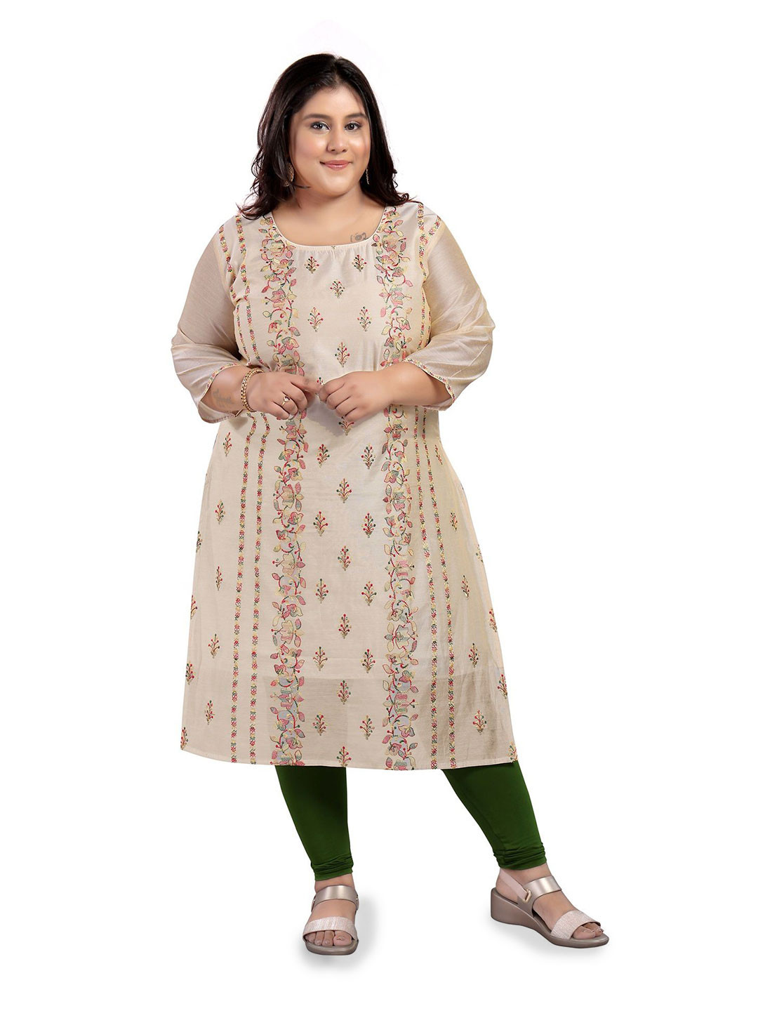 

DREAM & DZIRE Plus Size Floral Embroidered Woven Design Round Neck Chanderi Silk Kurta, Beige