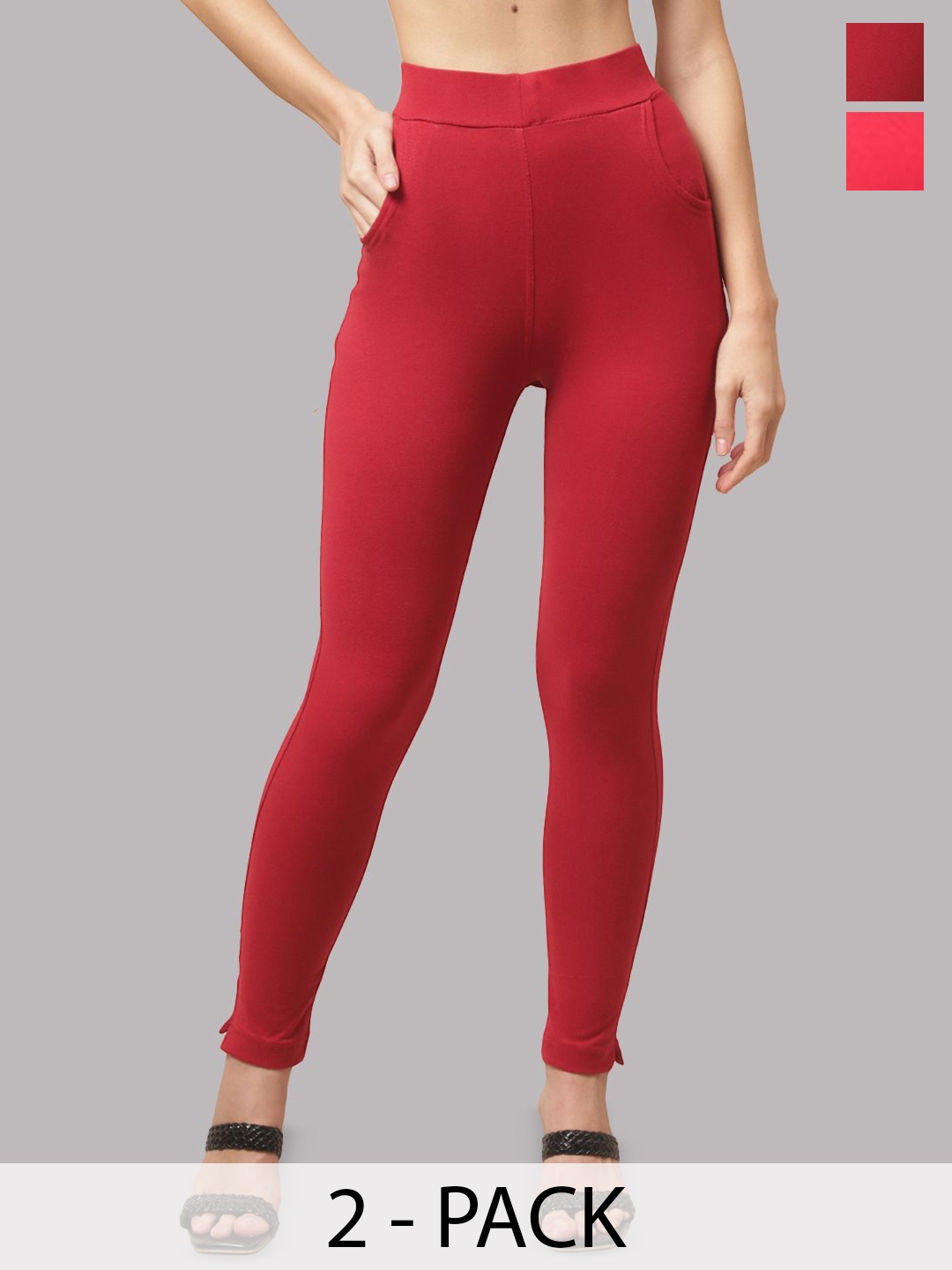 

Valles365 by S.C. Pack Of 2 Women Cotton Ankle-Length Leggings, Red