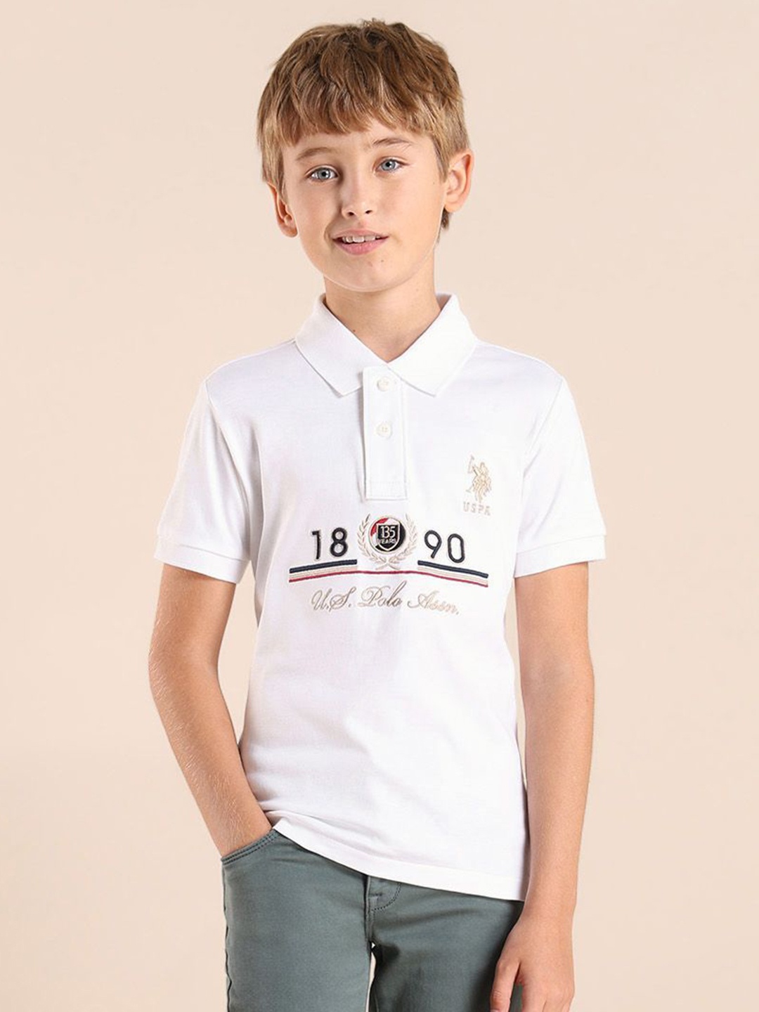 

U.S. Polo Assn. Kids Boys Brand Logo Printed Polo Collar Applique T-shirt, White