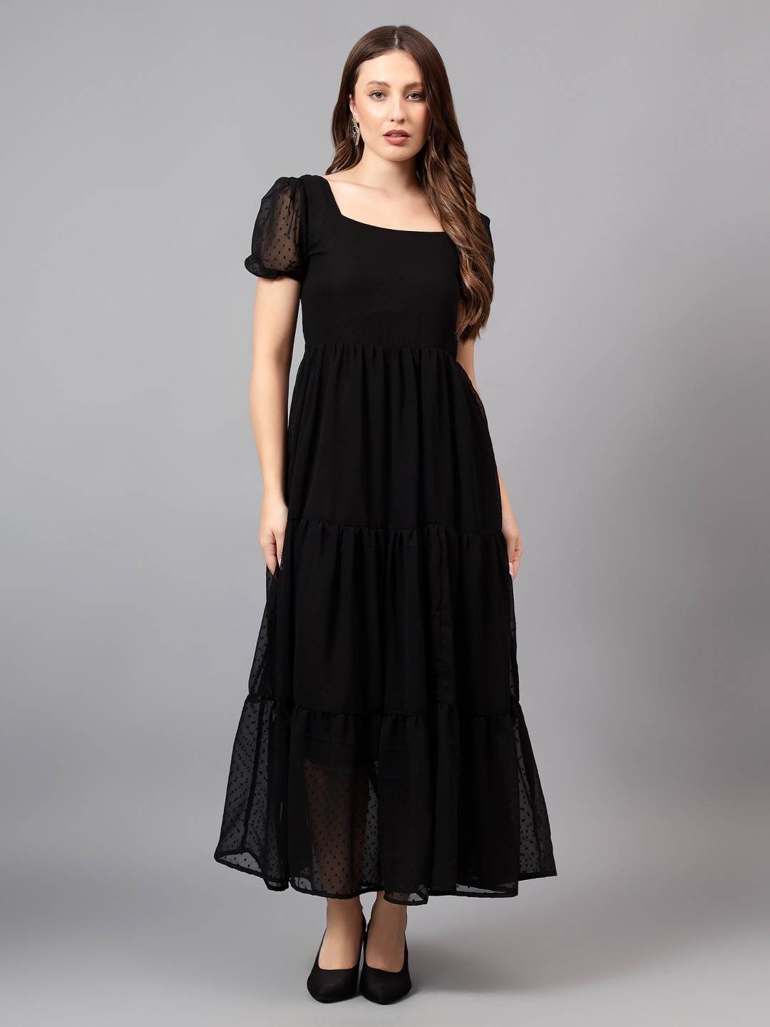 

BAESD Women Puff Sleeve Square Neck Fit & Flare Maxi Dress, Black