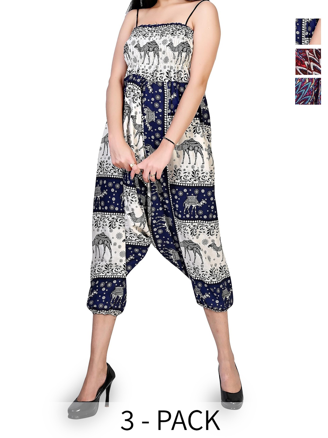 

NarNari Women Pack Of 3 Ethnic Motifs Printed Loose Fit Mid-Rise Harem Pants, Blue