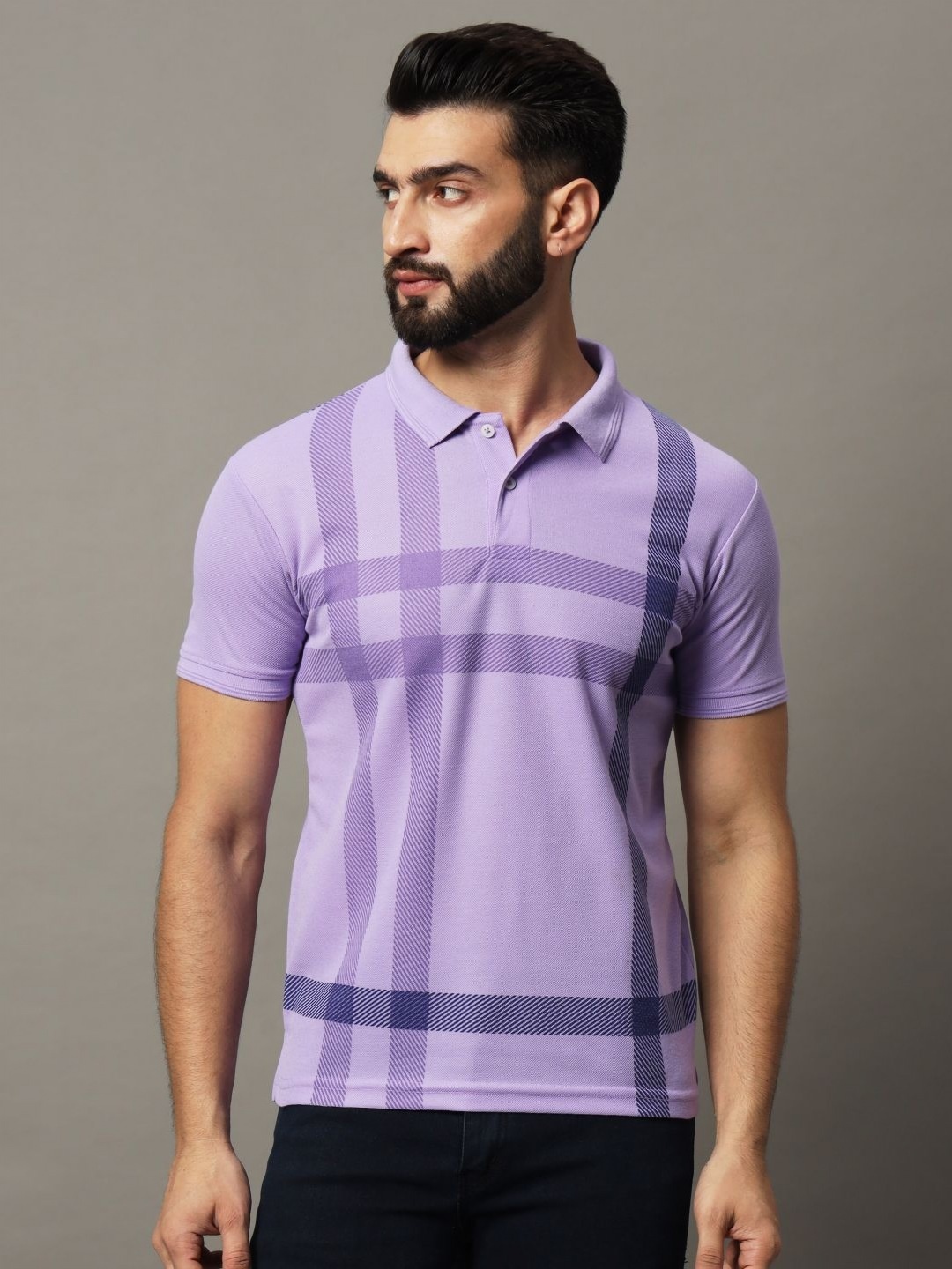 

HUSHBUCKS Men Checked Polo Collar Raw Edge T-shirt, Lavender
