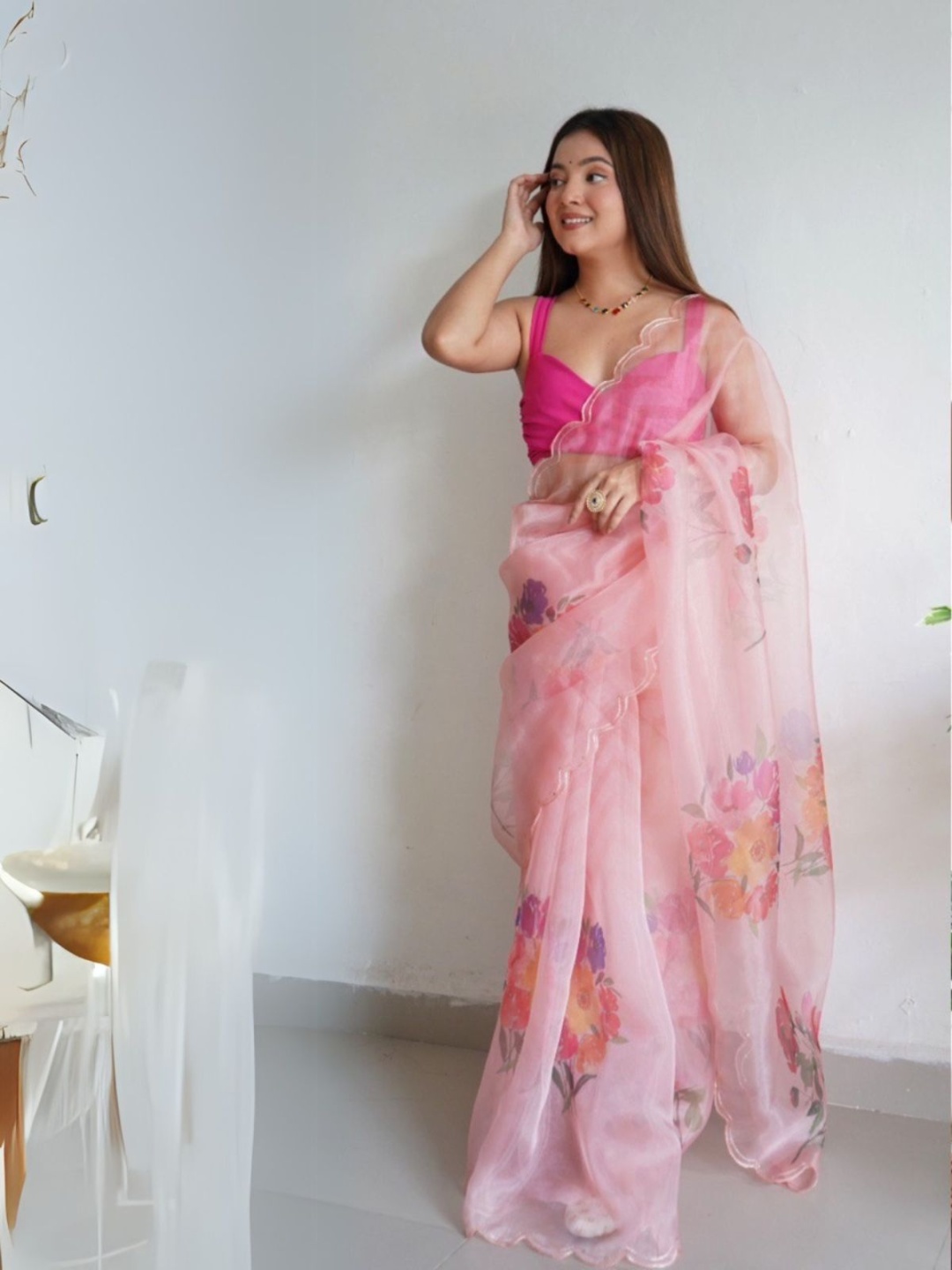 

ODETTE Floral Organza Saree, Pink