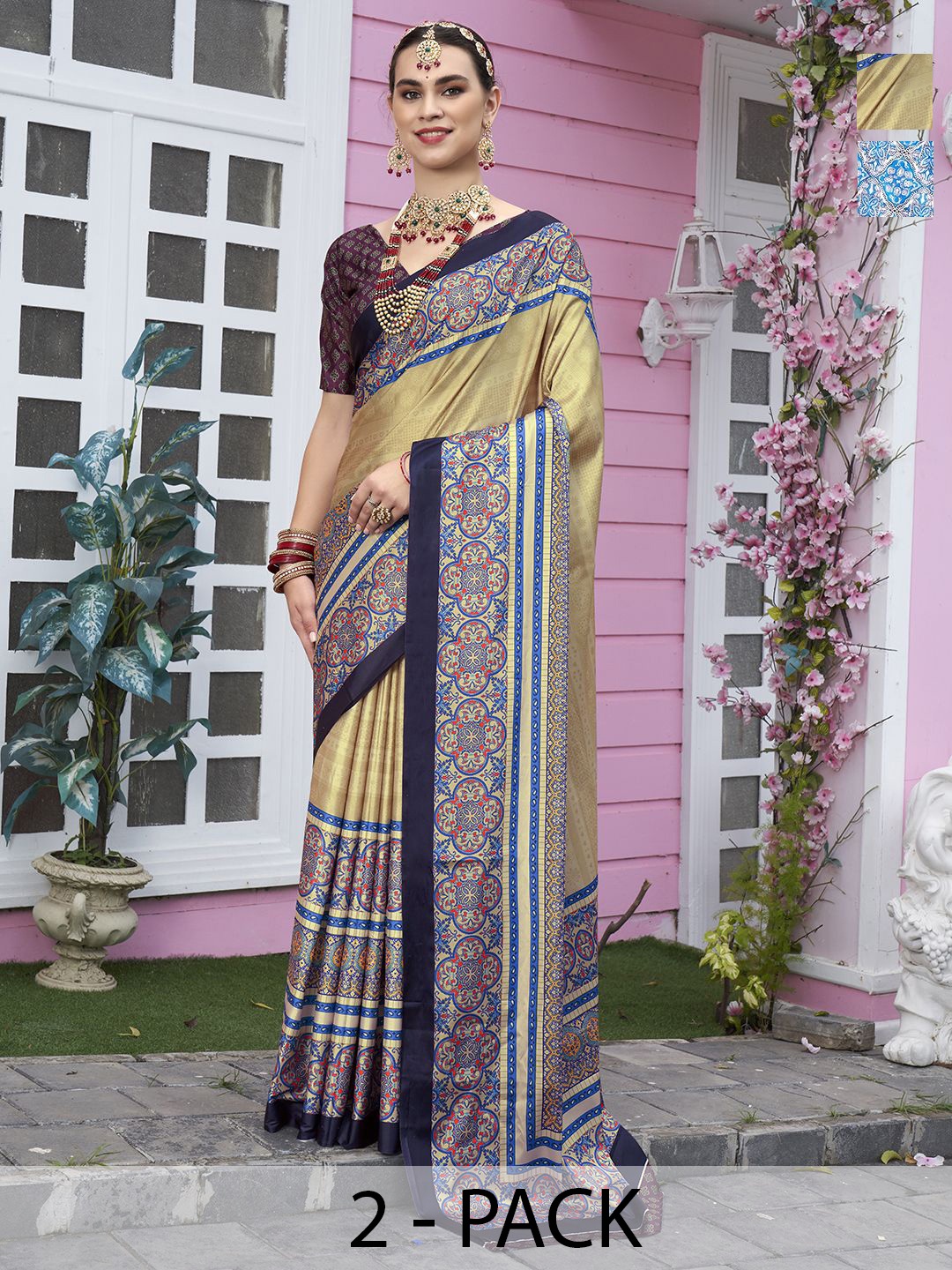 

Anouk Rustic Pack Of 2 Ethnic Motifs Printed Saree, Beige