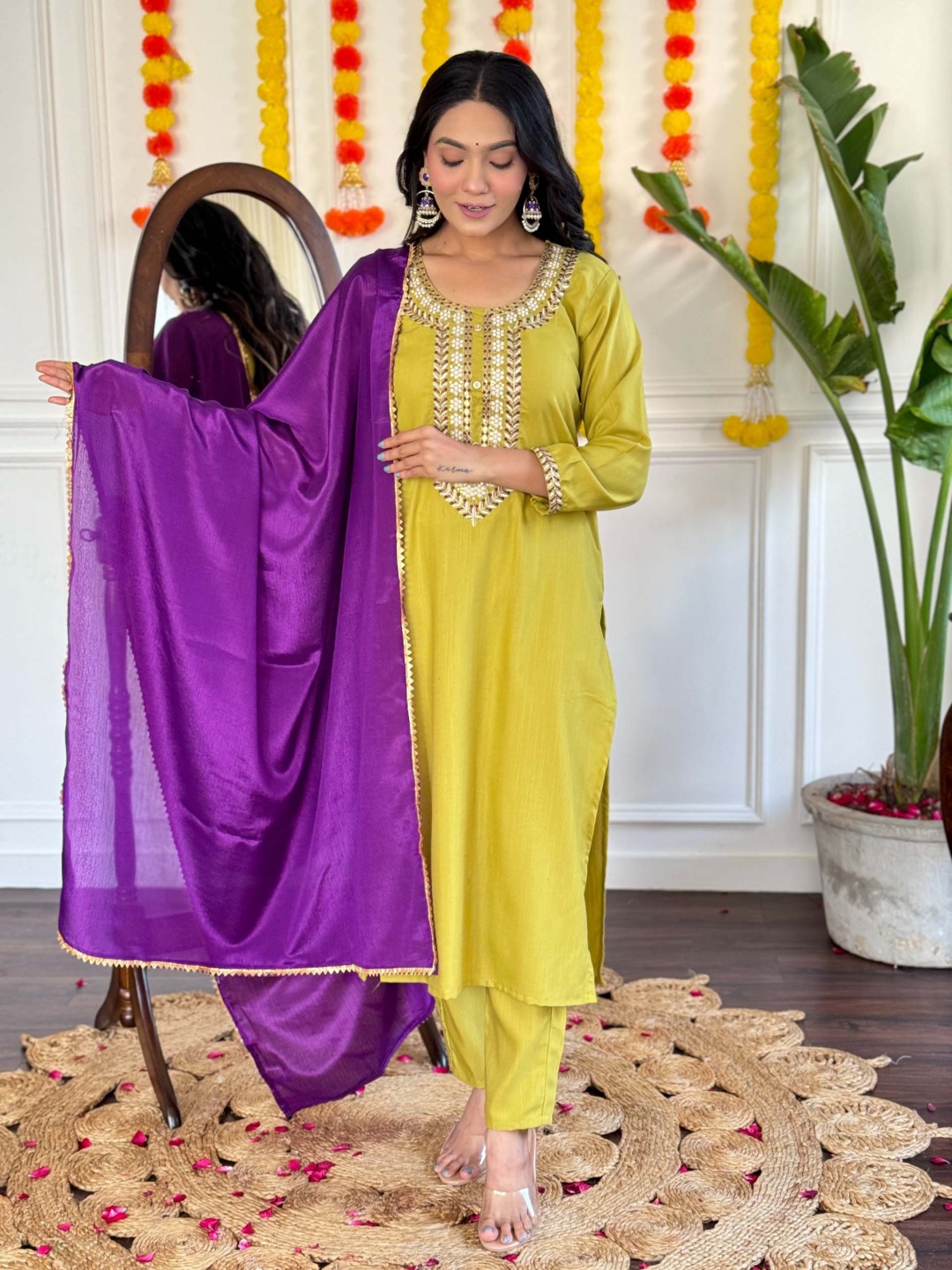 

KALINI Floral Embroidered Thread Work Kurta With Trouser And Dupatta, Yellow