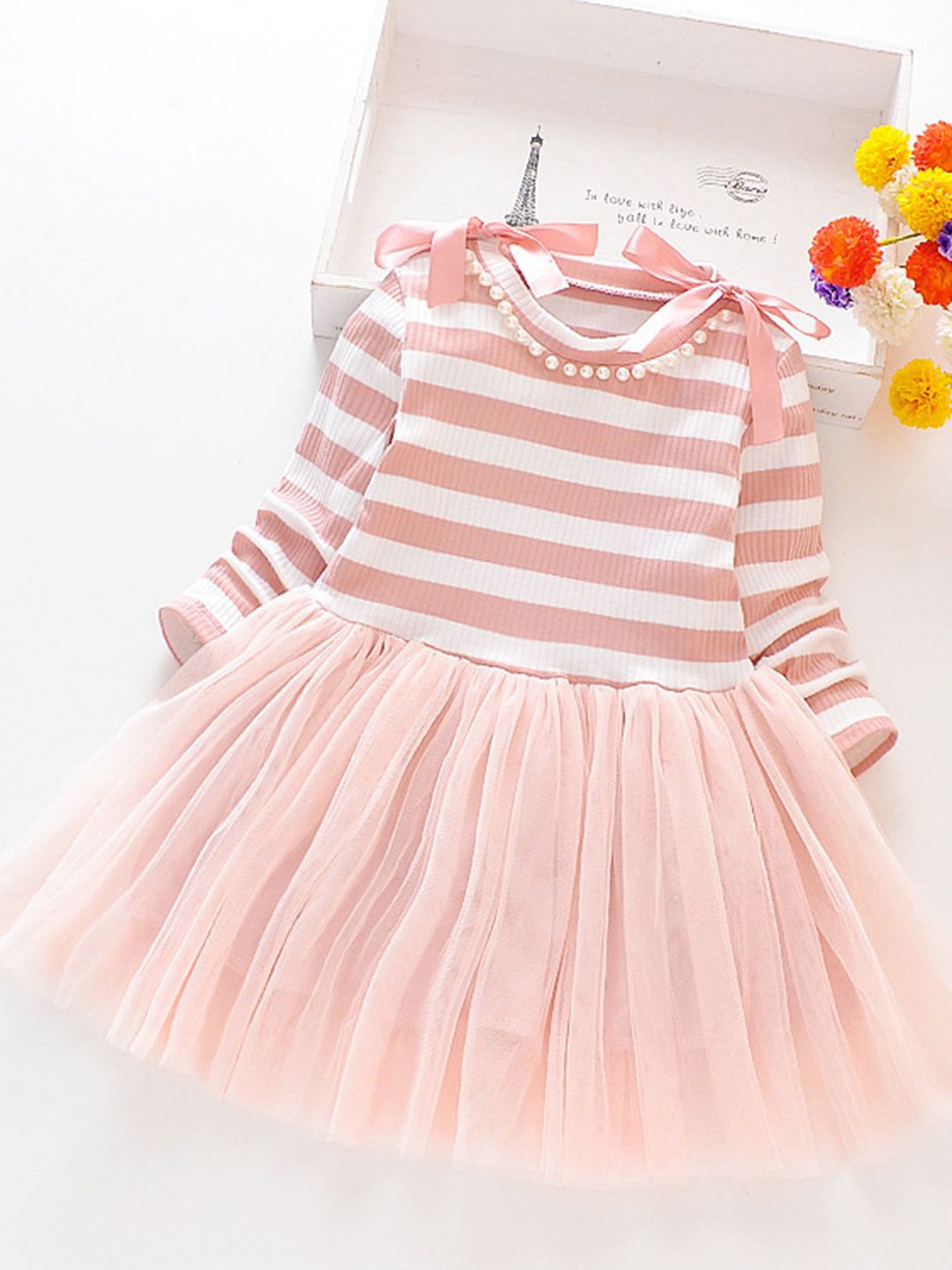 

YK Girls Striped Cotton Fit & Flare Dress, Peach