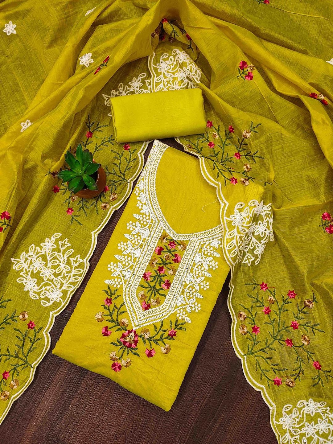

KALINI Embroidered Unstitched Dress Material, Lime green