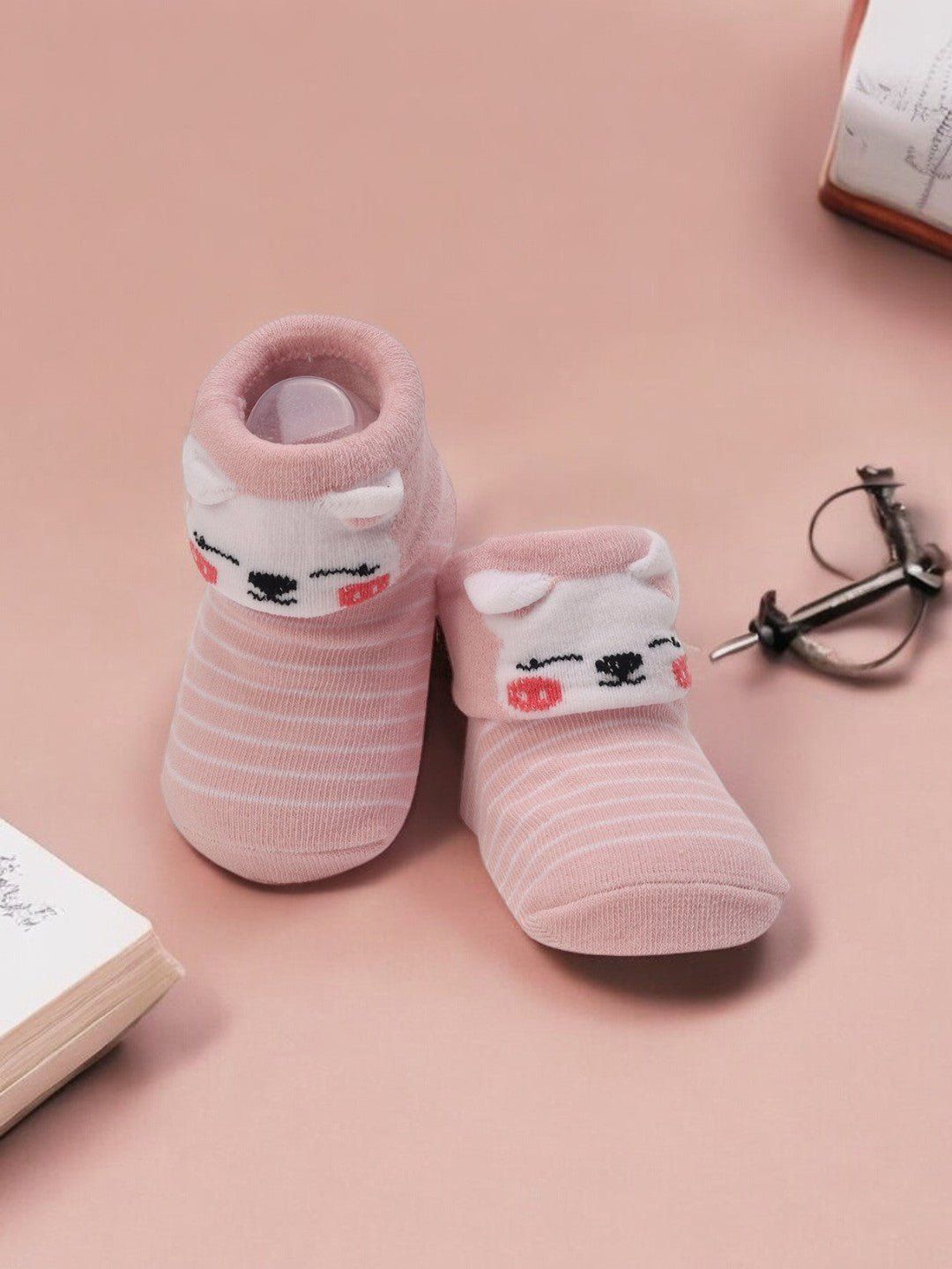 

Yellow Bee Infants Girls Striped Cotton Ankle Length Socks With 3D Cat Face, Pink
