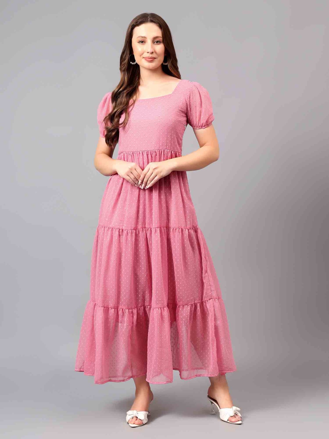 

BAESD Women Puff Sleeve Square Neck Fit & Flare Maxi Dress, Pink