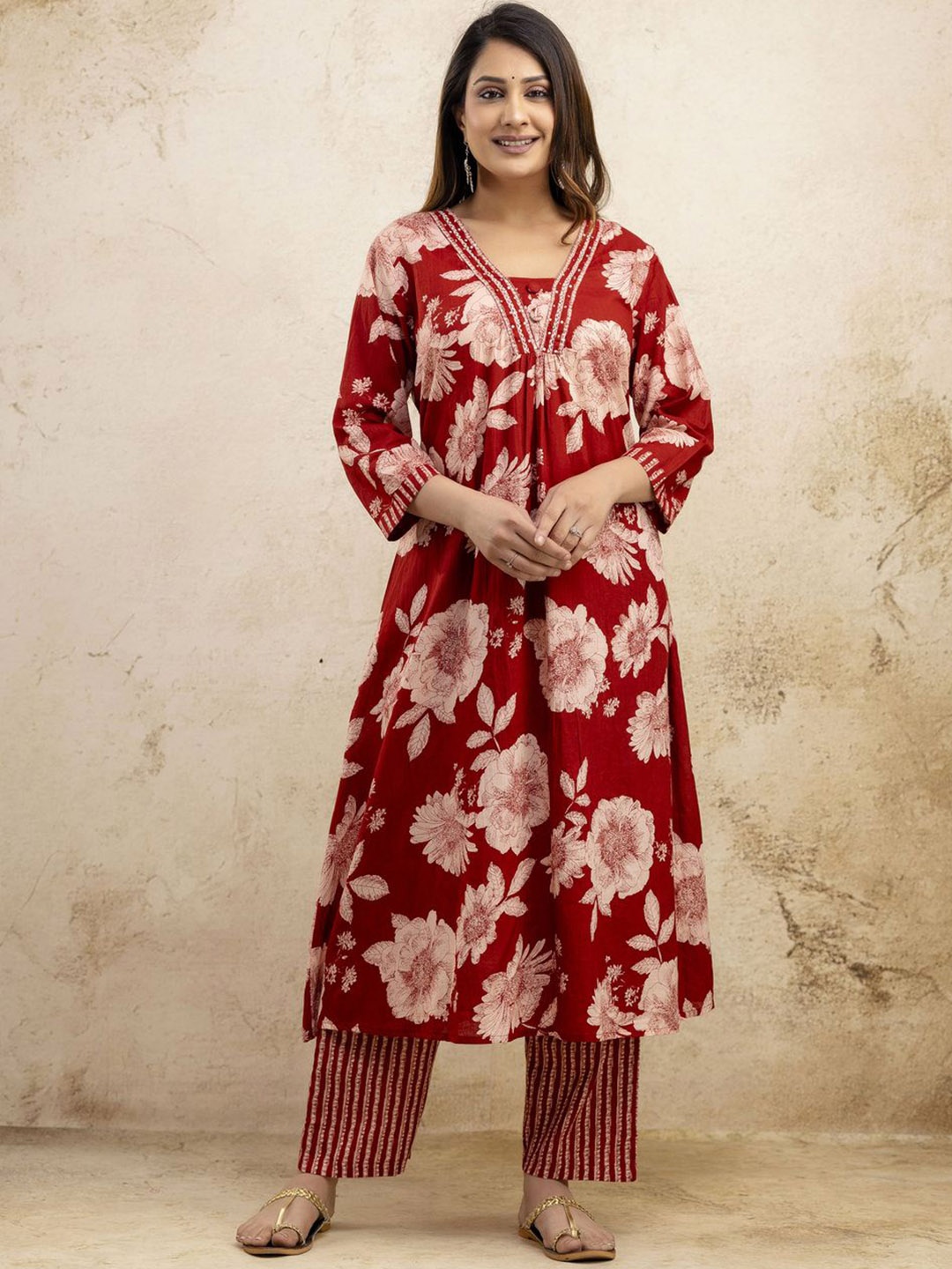 

NISHIRE Floral Printed V-Neck Pleated Pure Cotton A-Line Kurta With Trouser & Dupatta, Maroon