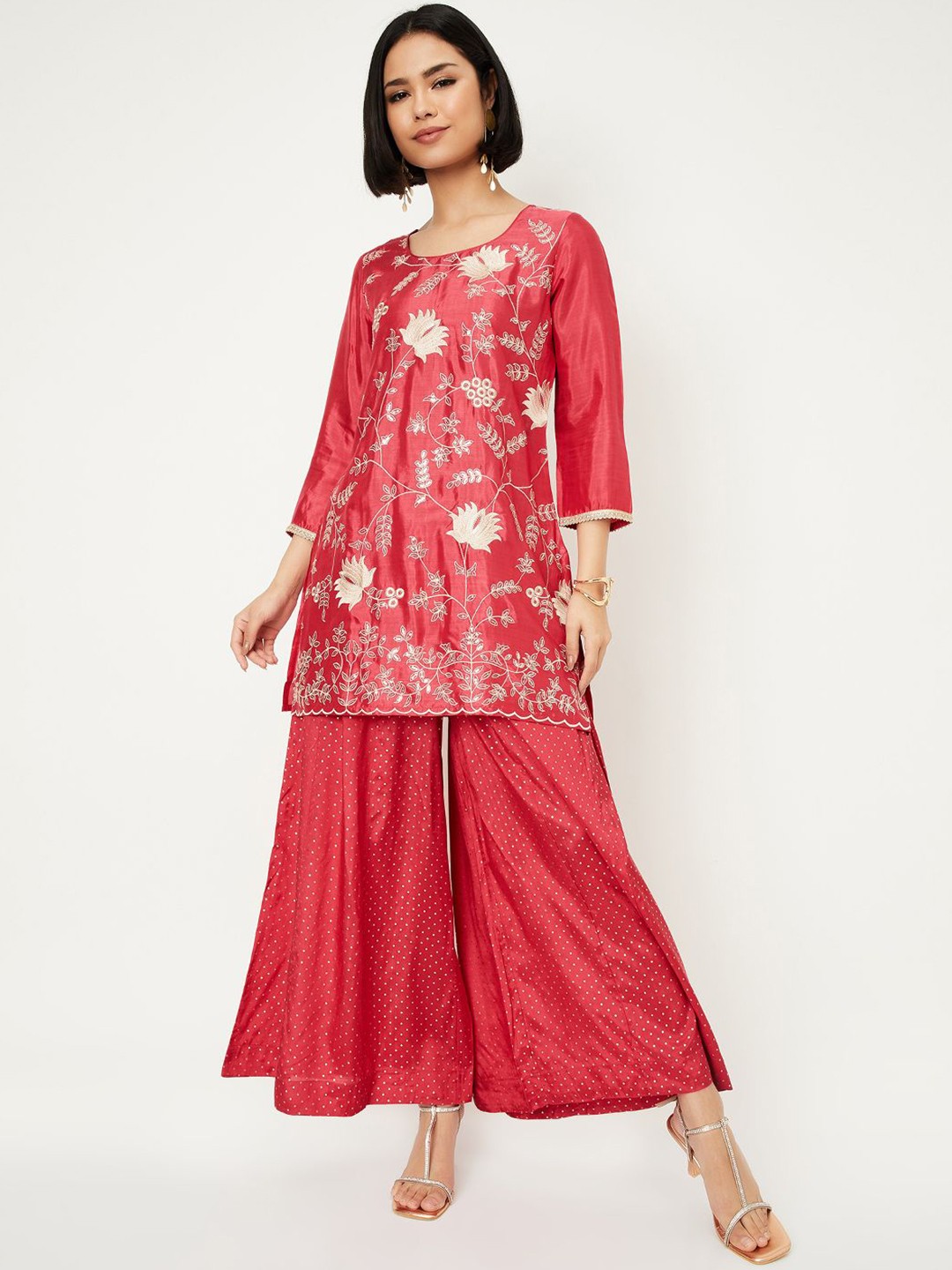 

max Floral Embroidered Thread Work Kurta With Palazzo, Red