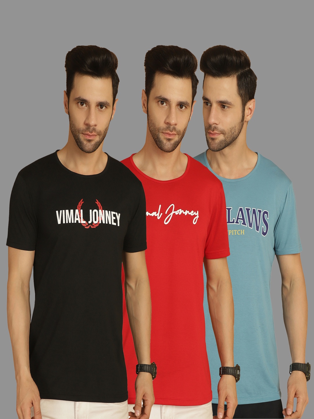 

VIMAL JONNEY Men Pack Of 3 Typography Printed Round Neck Cotton T-shirts, Black