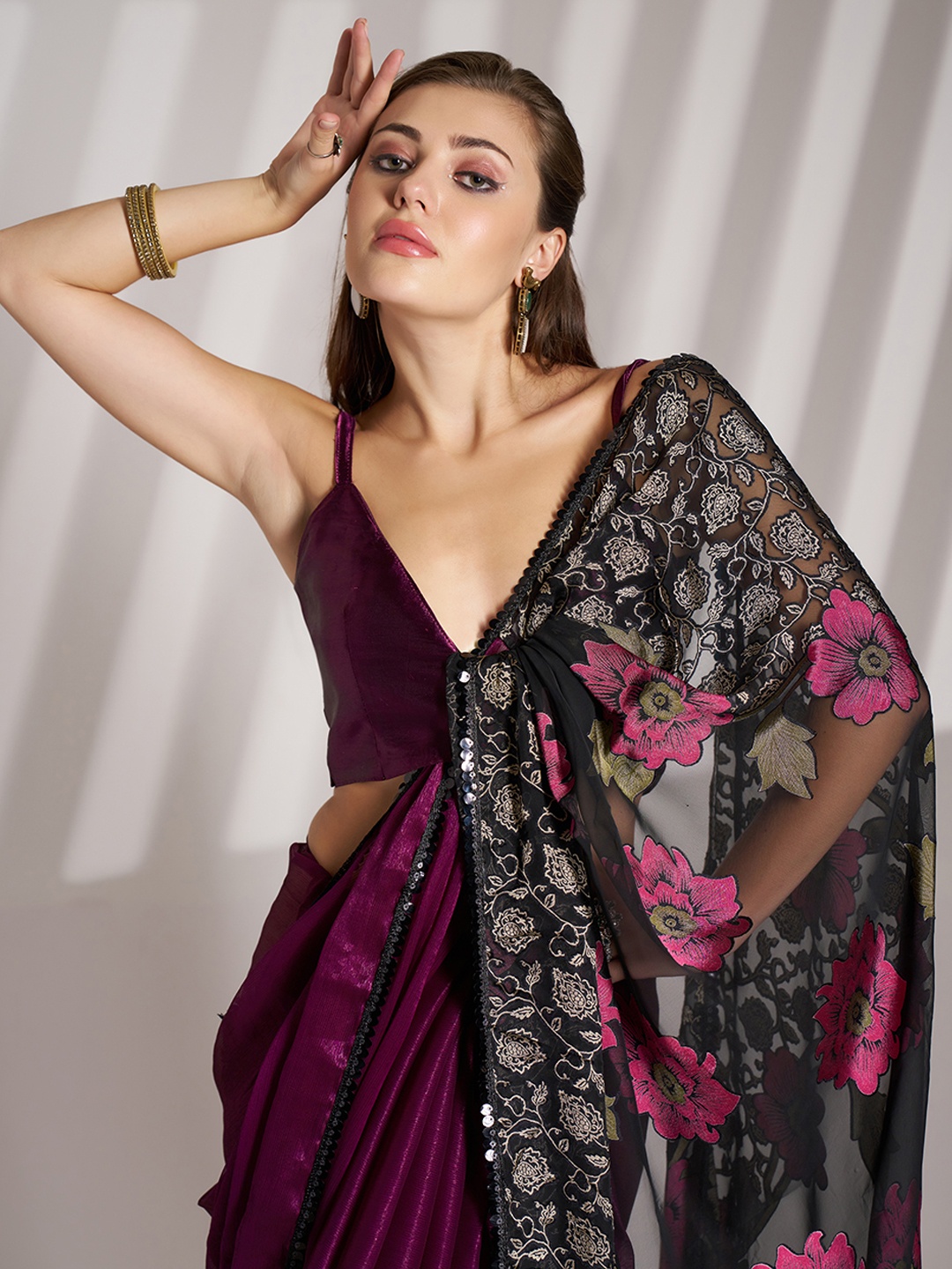 

Mitera Embellished Floral Sequinned Brasso Saree, Black