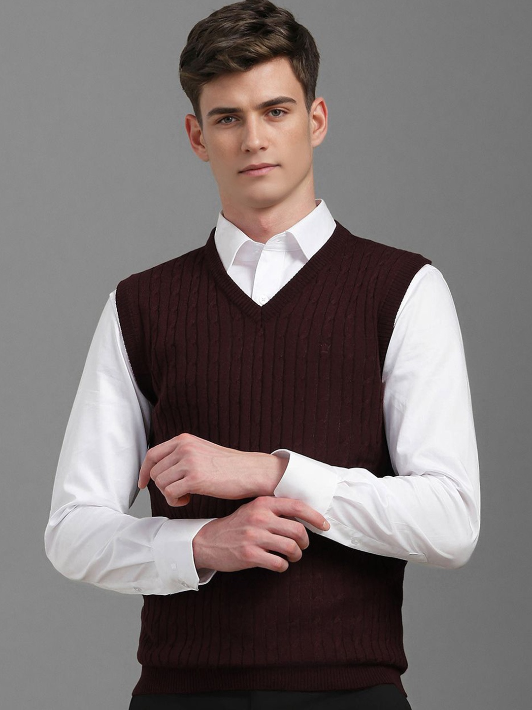 

Louis Philippe Men Cable Knit Sweater Vest, Maroon