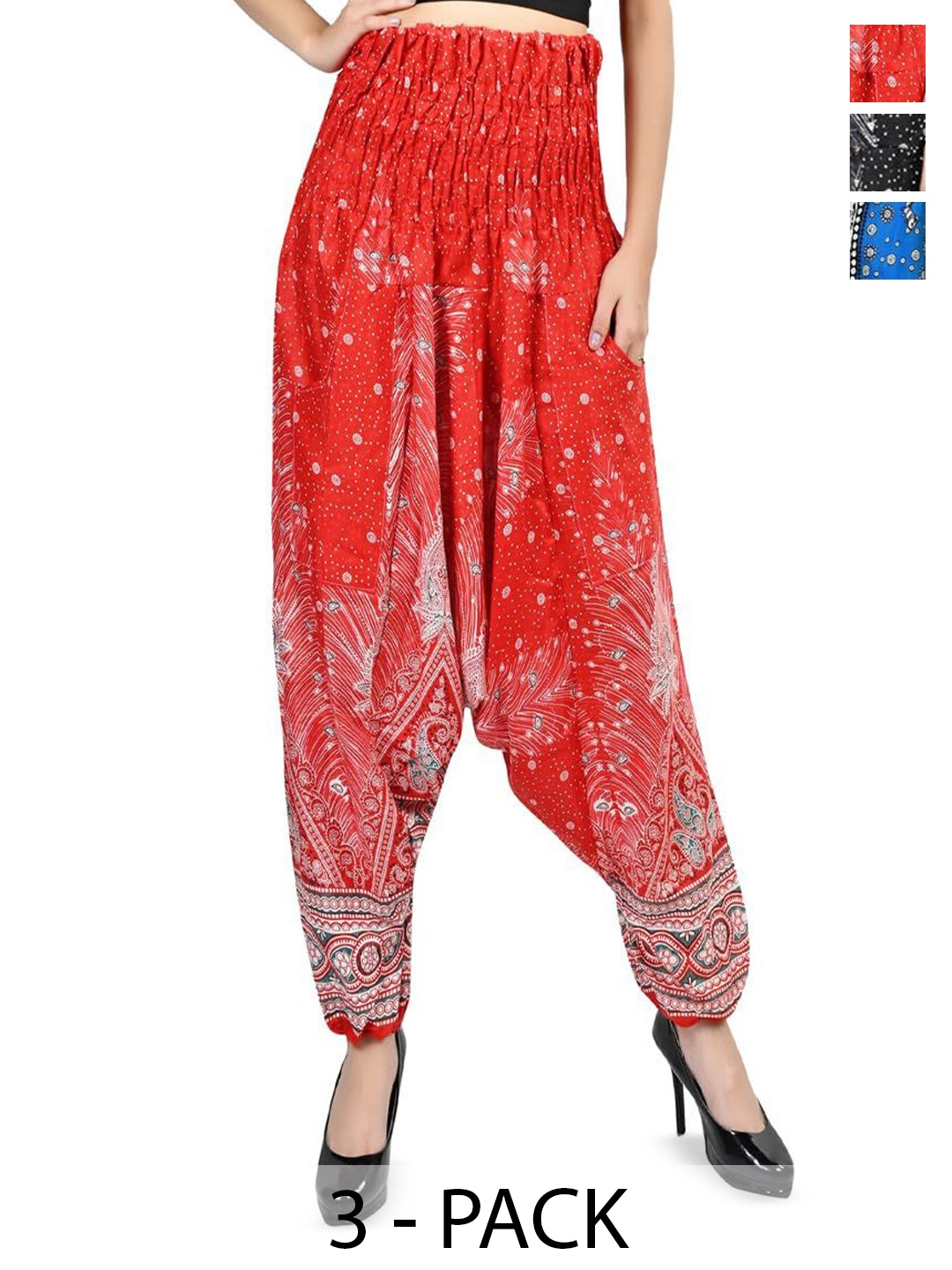 

NarNari Pack Of 3 Printed Loose Fit Harem Pants, Red