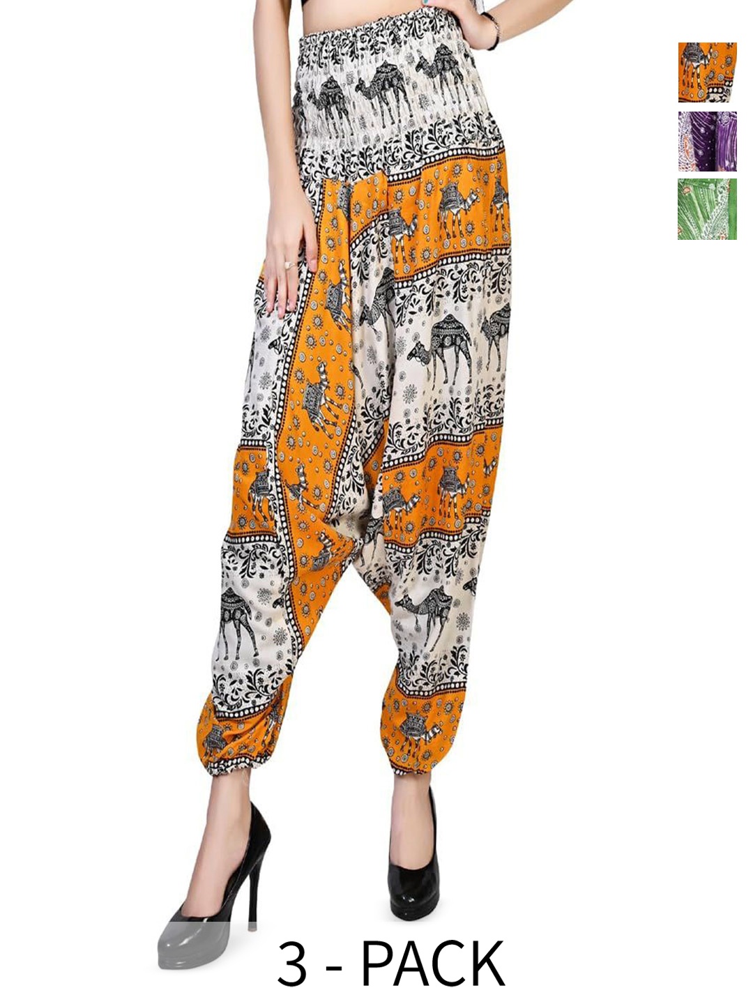 

NarNari Women Pack Of 3 Printed Harem Pants, Yellow